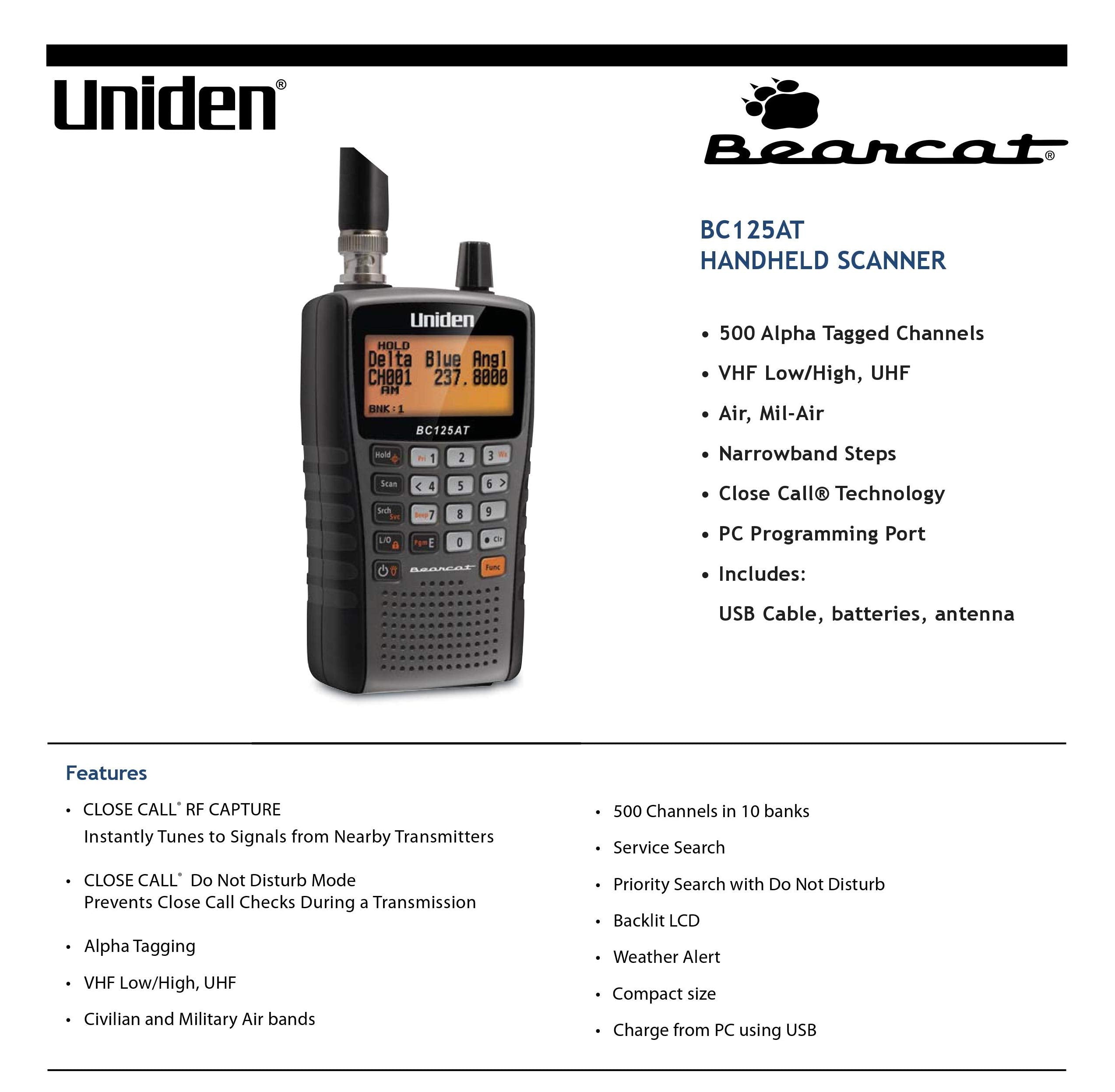 Uniden Bearcat BC125AT Handheld Scanner, 500-Channel, Close Call Tech, PC Programmable for Aviation, Marine, and Public Safety.