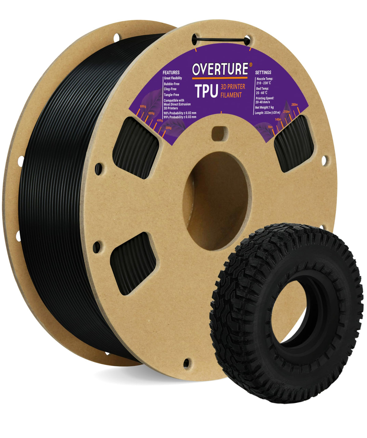 Overture Tpu Filament 1.75Mm Flexible Tpu Roll, 95A Soft 3D Printer Filament, 1Kg Spool (2.2 Lbs), Dimensional Accuracy +/  0.03