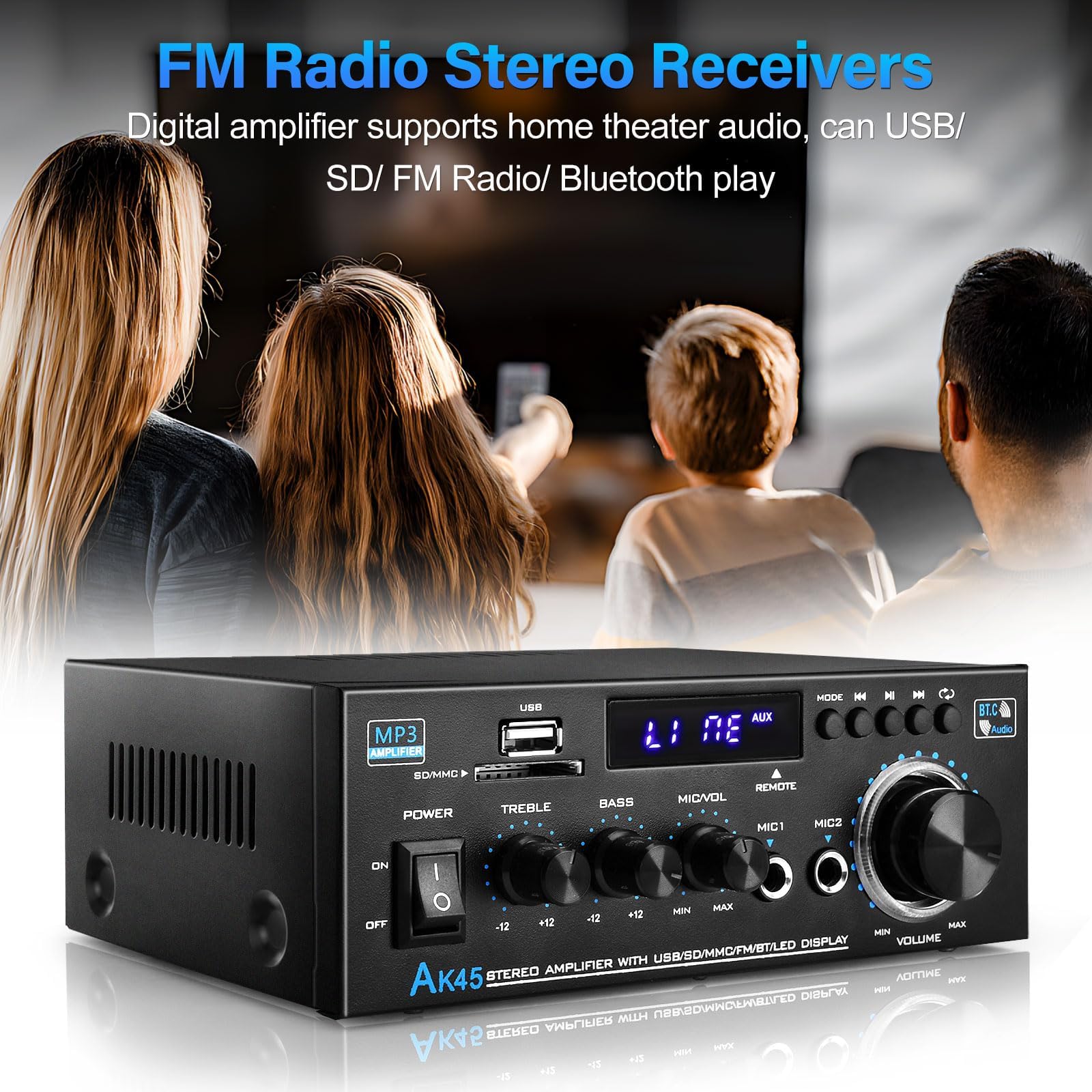 Ak45 Home Audio Power Amplifier With Bluetooth, 100Wx2 Audio Stereo Receiver, Home Amplifiers W/Fm Radio Usb, Aux, Rca, Sd For H