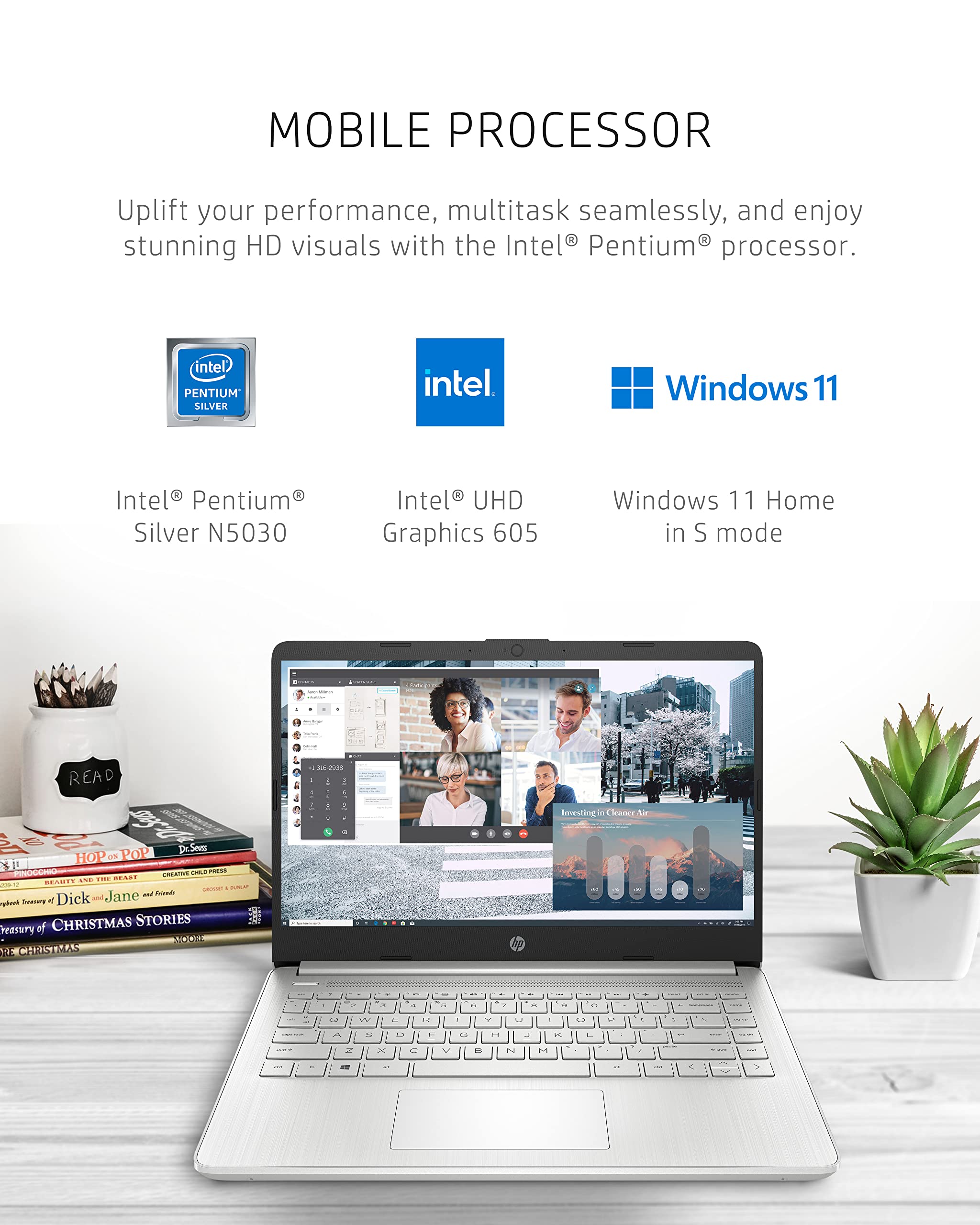 Hp 14 Inch Laptop, Intel Pentium Silver N5030 Processor, Intel Uhd Graphics, 128 Gb Ssd, Windows Window 11 In S Mode (14-Dq0090N