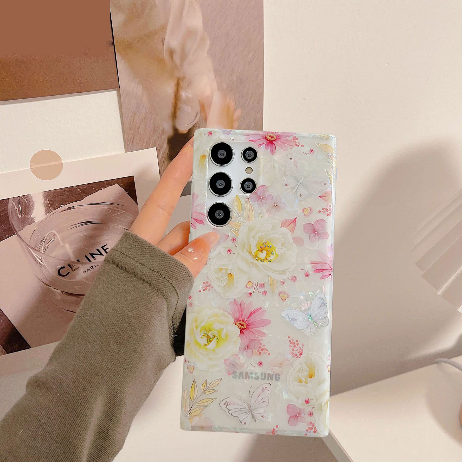 J.West Galaxy S22 Ultra Case 5G, Luxury Sparkle Glitter Translucent Clear Colorful Opal Pearly Thinfoil Design Shiny Floral Prin