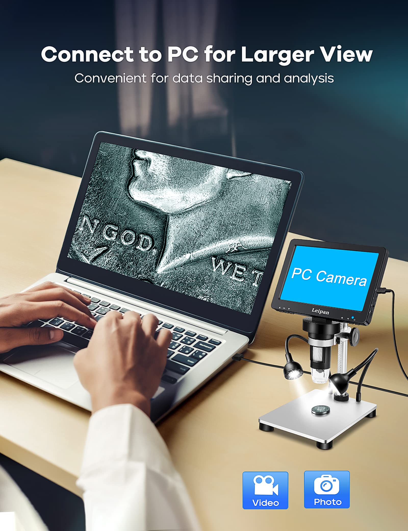 7'' Lcd Digital Microscope 1200X,Leipan 12Mp Coin Microscope With Screen For Adults,1080P Video Microscope With 12Pcs Slides,Wir