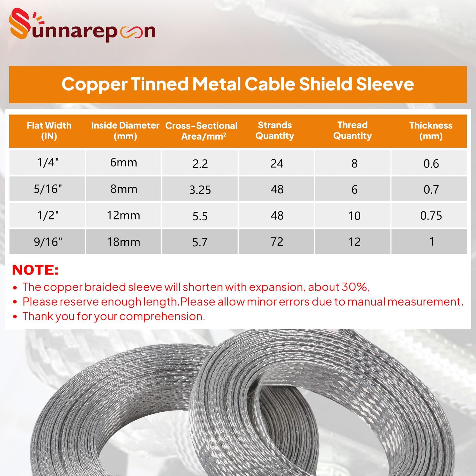 SUNNAREPOON Tinned Copper Wire Shielding Sleeve, 1/4inch - 12ft Expandable Ground Strap, Silver Metal Braided Wiring Protector