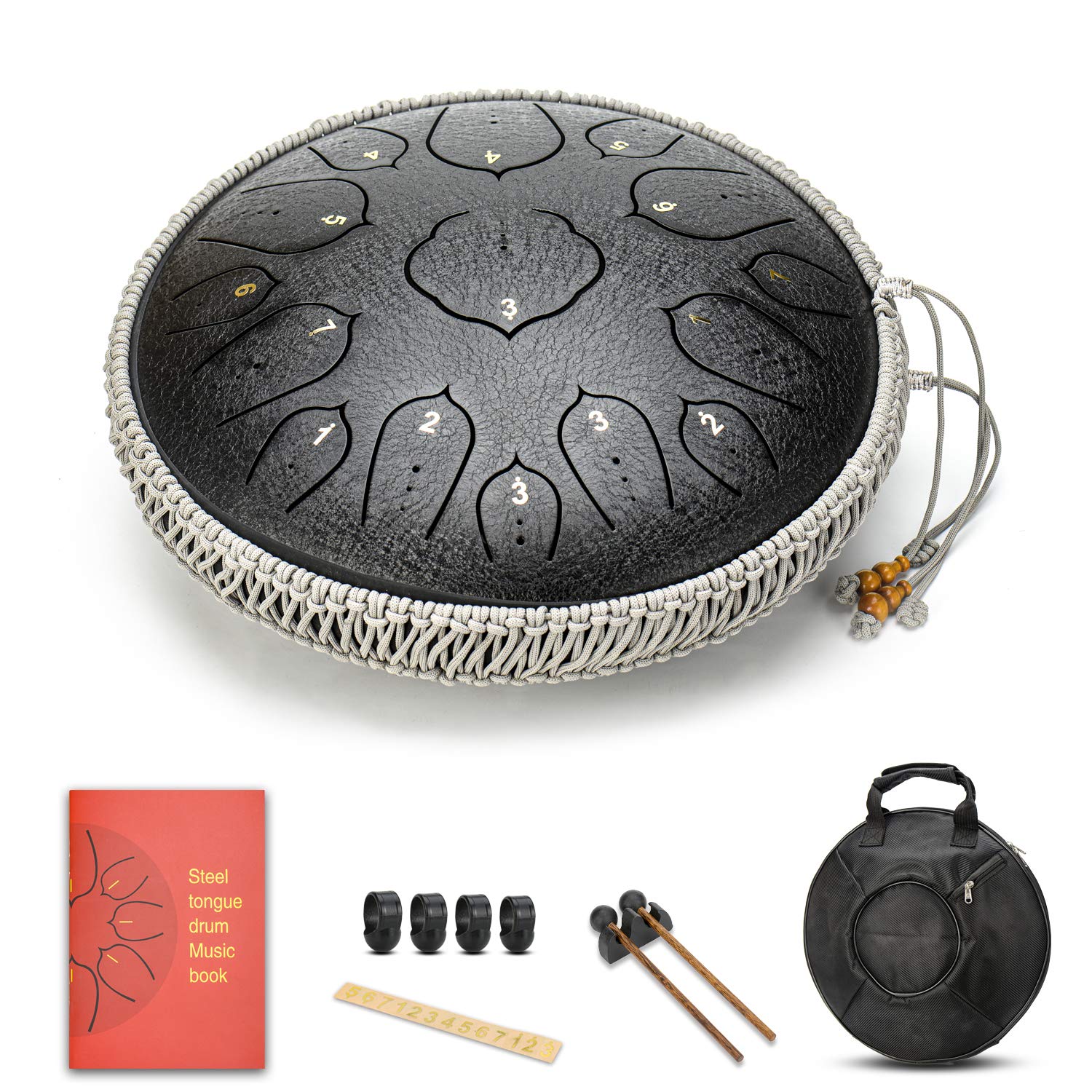 Black 15 Notes 14 Inches Steel Tongue Drum | Wide Range Steel Drum With Carrying Bag & Mallets | Tank Drum For Healing | Random 