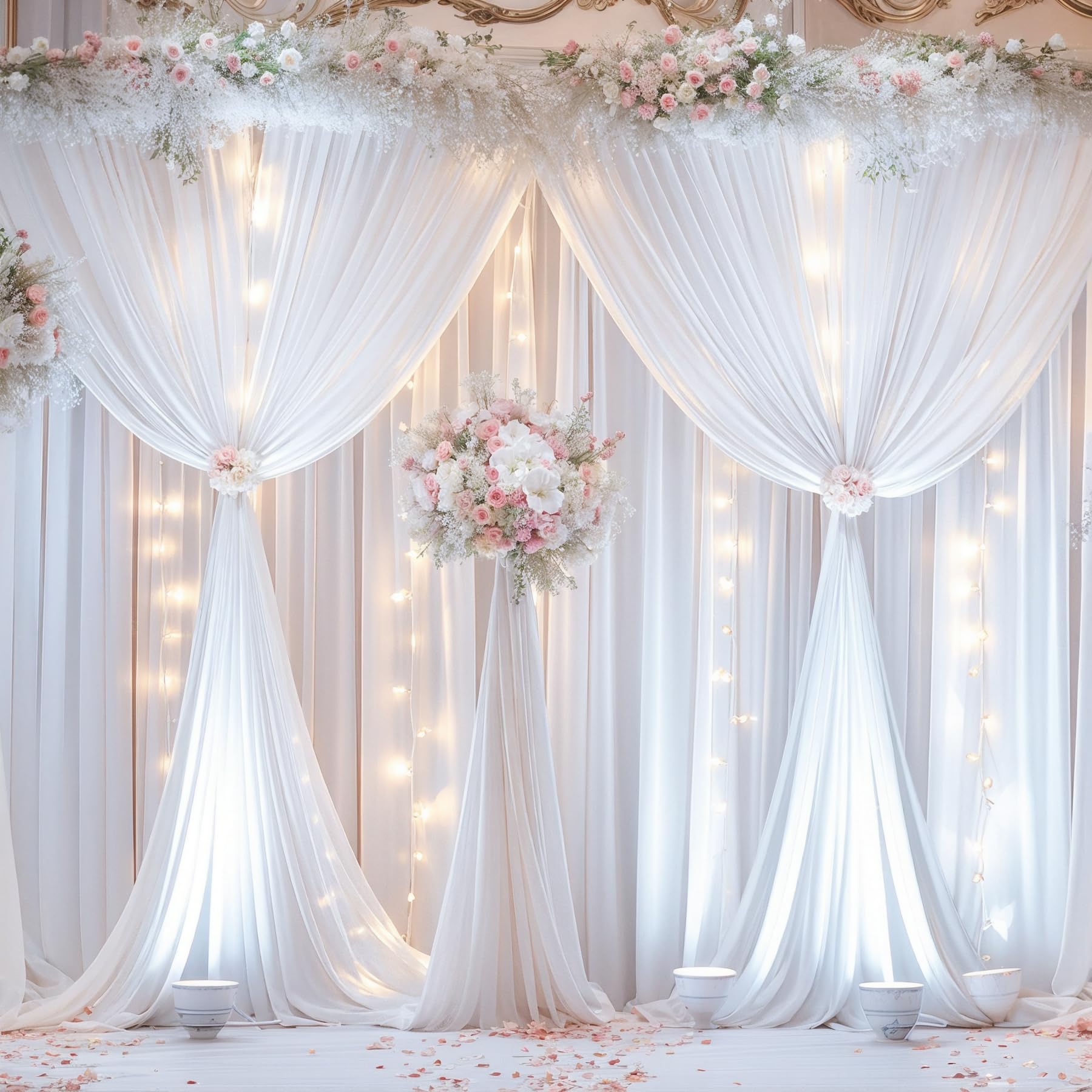 10X10Ft White Backdrop Curtains With Lights String For Wedding Parties, Wrinkle Free Curtains Backdrop For Birthday Party, Photo