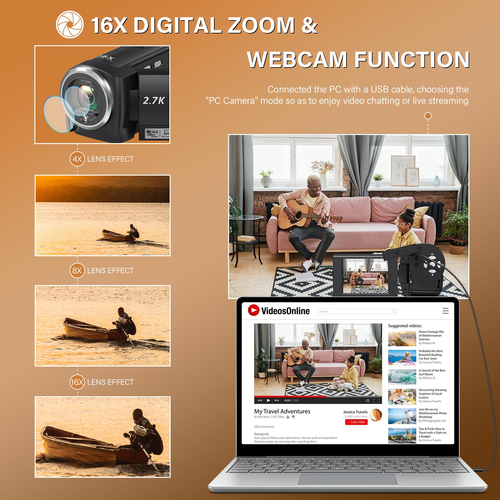 Loentir Video Camera Camcorder, Qhd 2.7K Camcorder 50Mp 16X Digital Video Camera For Youtube, 2.8'' 270 Degree Rotation Screen V