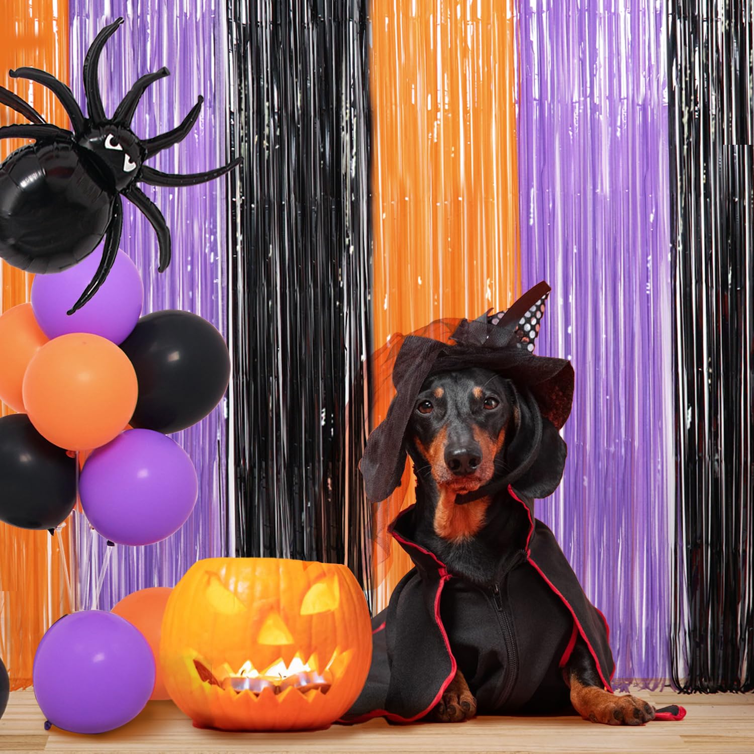 Halloween Party Decoration, 2 Pack Halloween Foil Fringe Curtains, Orange Purple Black Metallic Tinsel Foil Fringe Curtains Phot