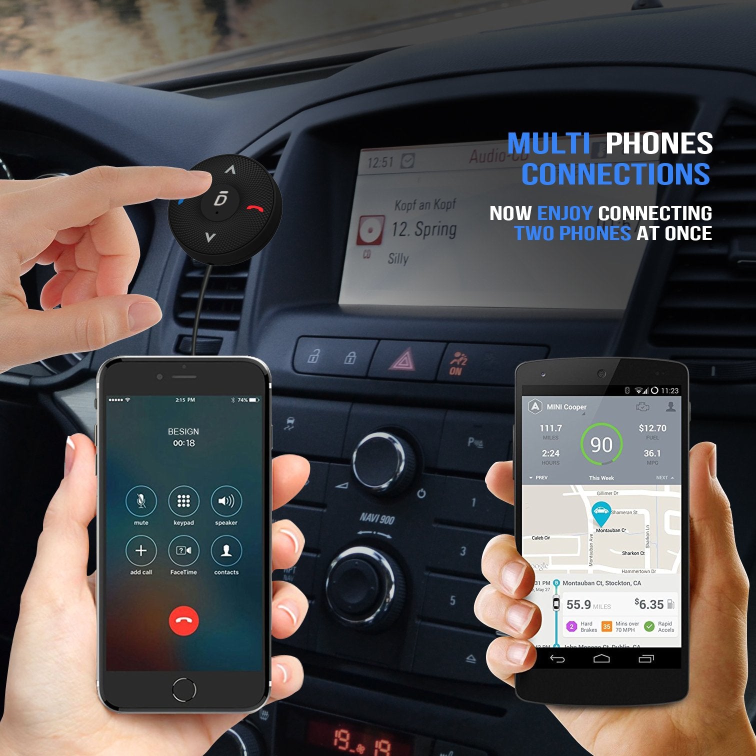 Besign Bluetooth 4.1 Car Kit For Handsfree Talking And Music Streaming, Wireless Audio Receiver With Dual Port Usb Car Charger A