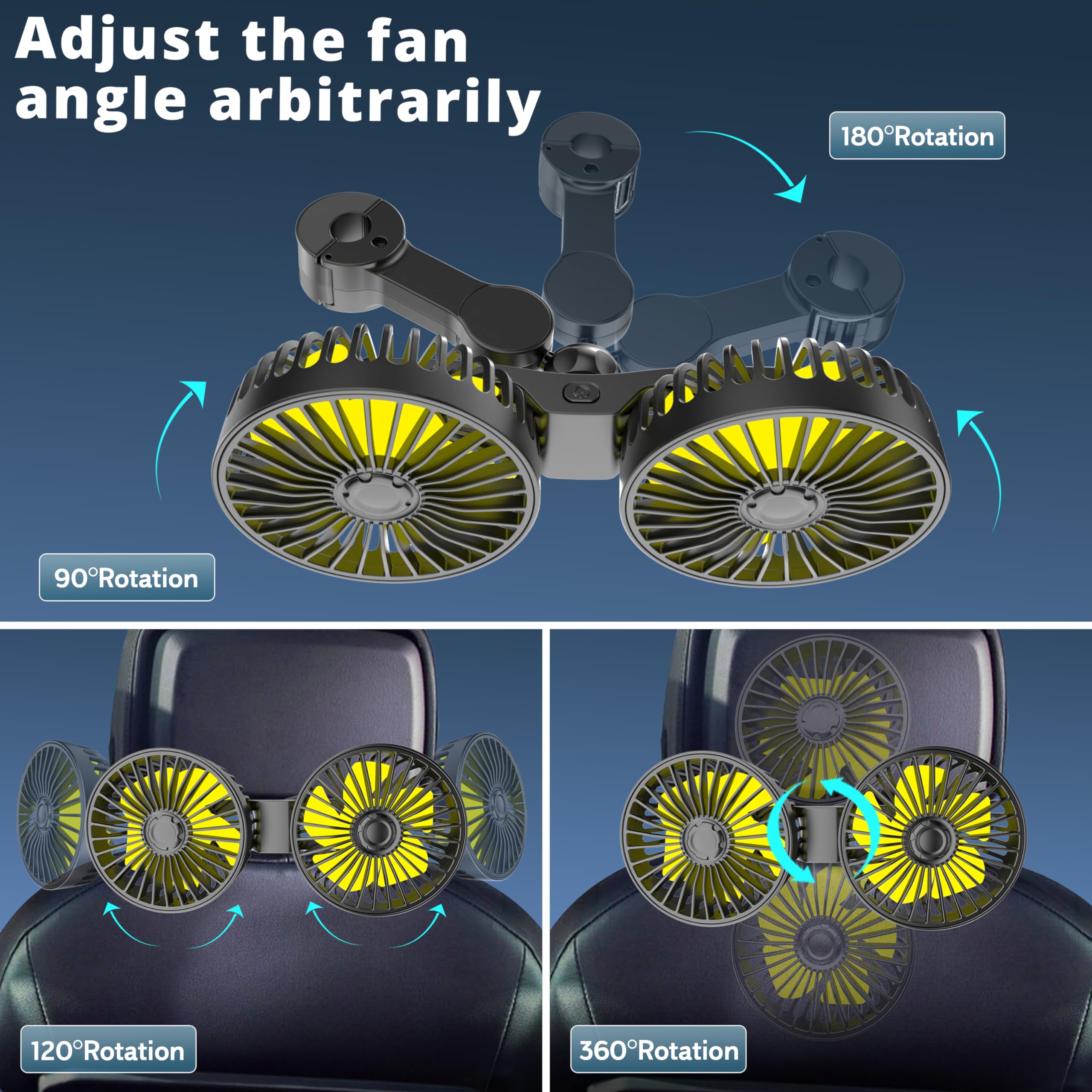 Ouffun Car Fan For Backseat, Dual Head Usb Car Seat Fan, 3 Speeds Strong Wind 360 Rotatable Vehicle Rear Headrest Fan For Car, A