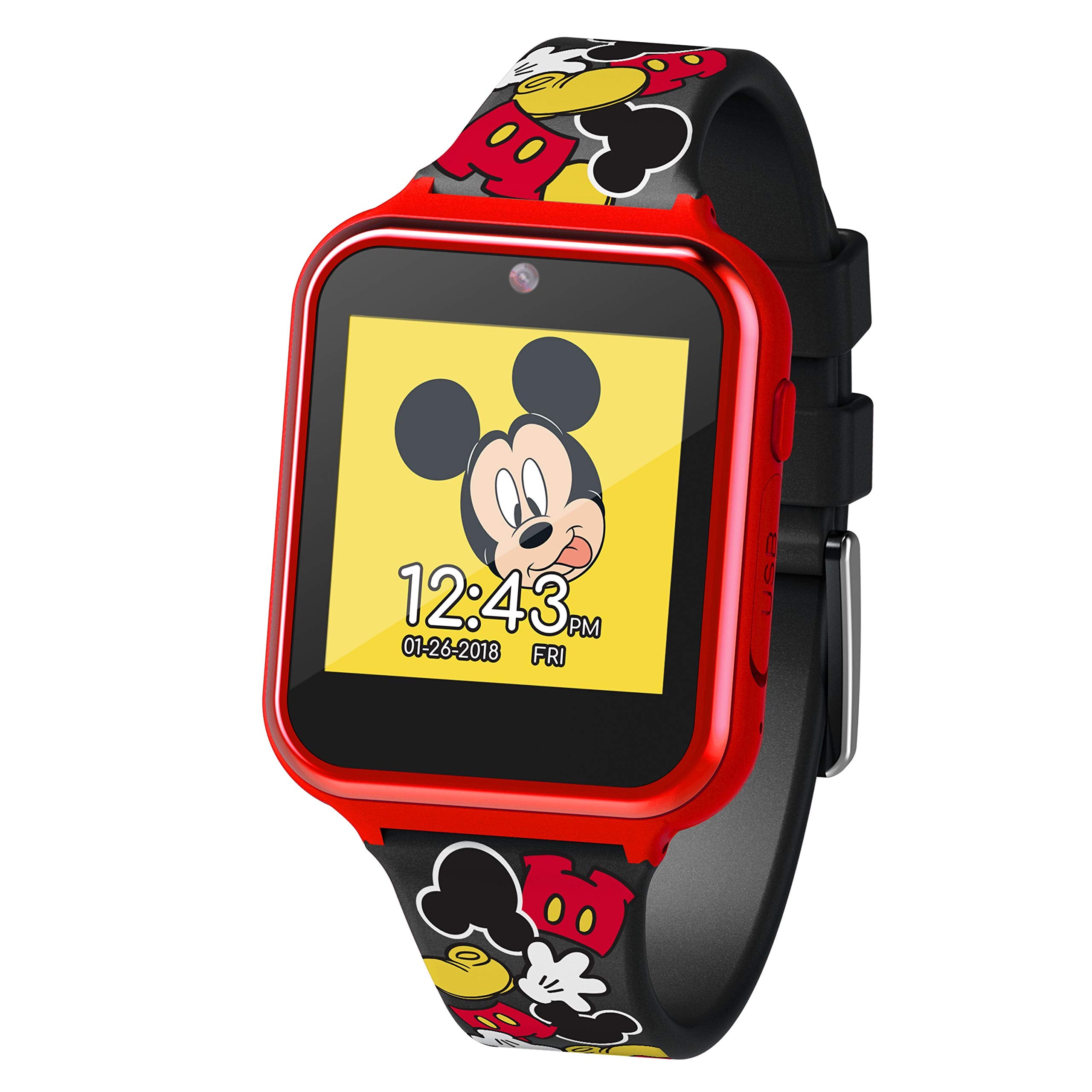 Accutime Kids Disney Mickey Mouse Red Black Educational Learning Touchscreen Smart Watch Toy For Boys, Girls, Toddlers   Selfie