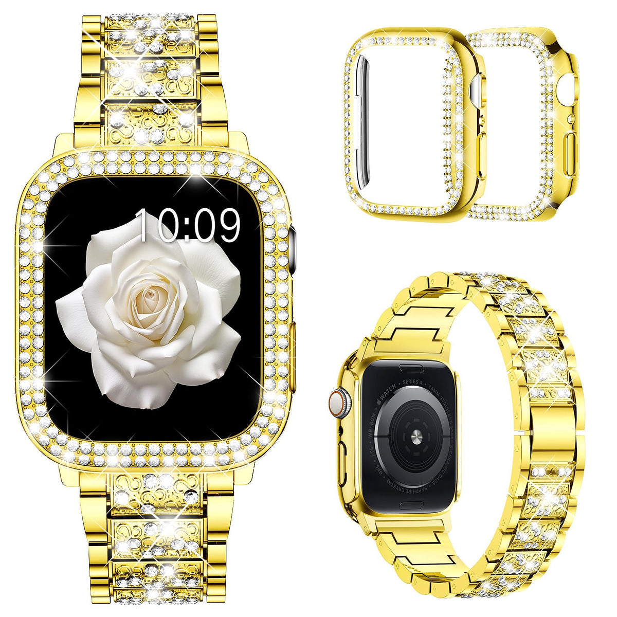 Mosonio Compatible With Apple Watch Band 42Mm S10 With Case Women, Jewelry Replacement Metal Wristband With 2 Pack Bling Pc Prot
