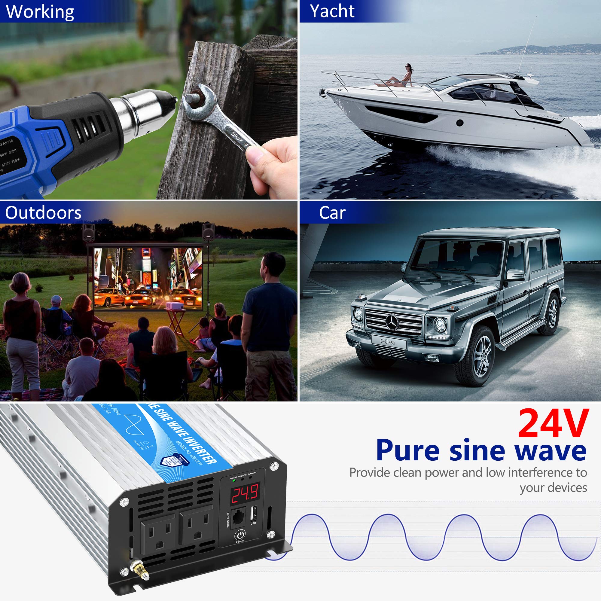24V Pure Sine Wave Power Inverter 1200W Dc 24V To Ac 120V With Remote Controller And Led Display 2.4A Usb Port Dual Ac Outlets F
