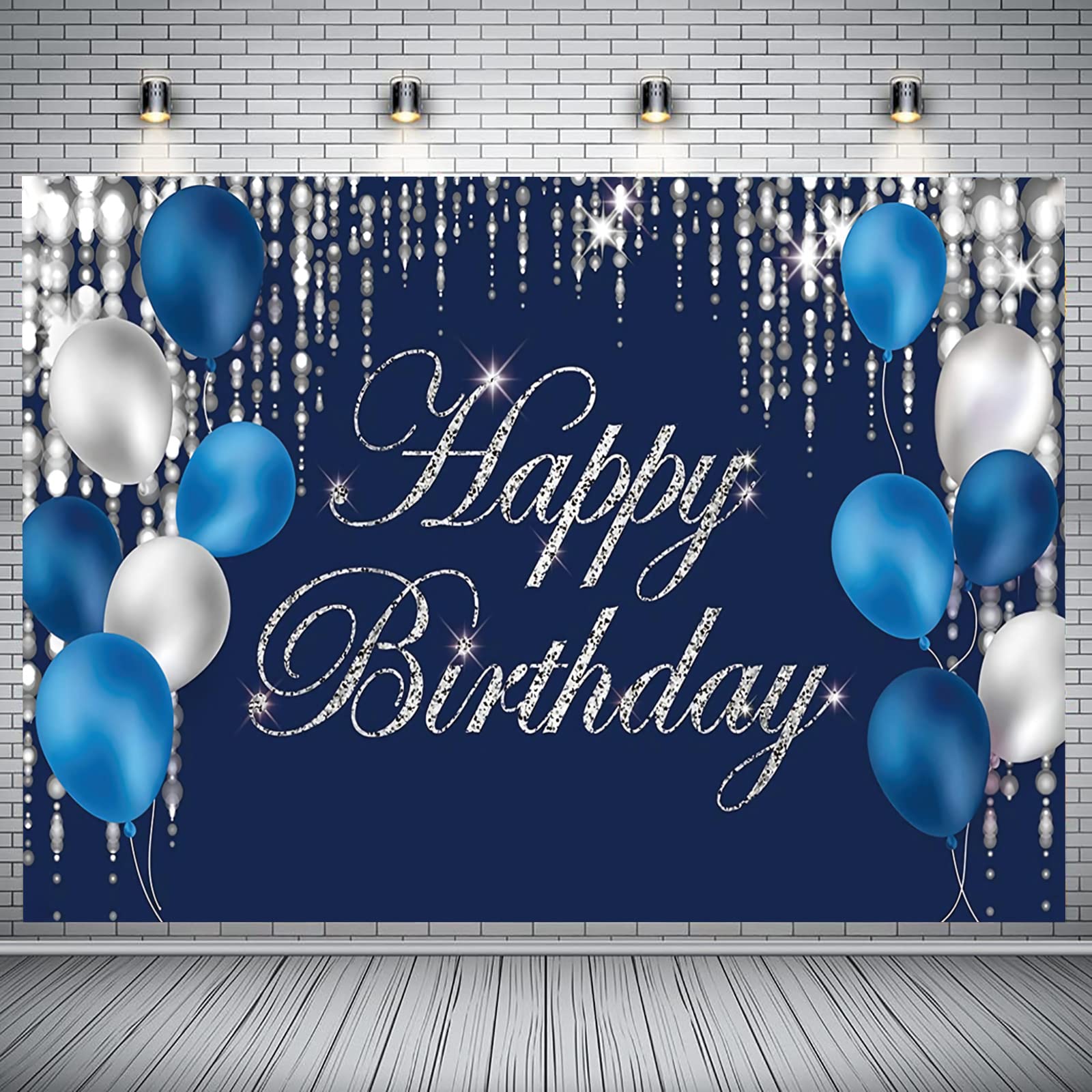 Happy Birthday Backdrop Navy Blue And Silver Happy Birthday Sign Blue Happy Birthday Banner Photo Studio Backdrop Birthday Party