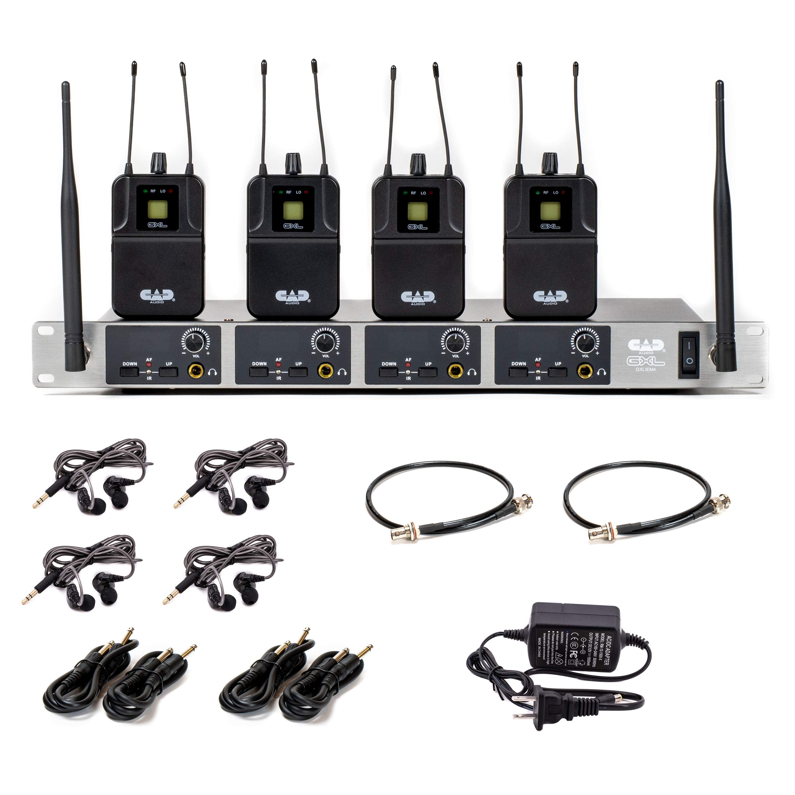 Cad Audio Gxliem4 Frequency Agile Wireless In Ear Monitor System  Four Discrete Mixes   Includes 4 Meb1 Earbuds, 4 Bodypack Receivers, Rack Mount Ears And Antenna Relocation Kit ,Black