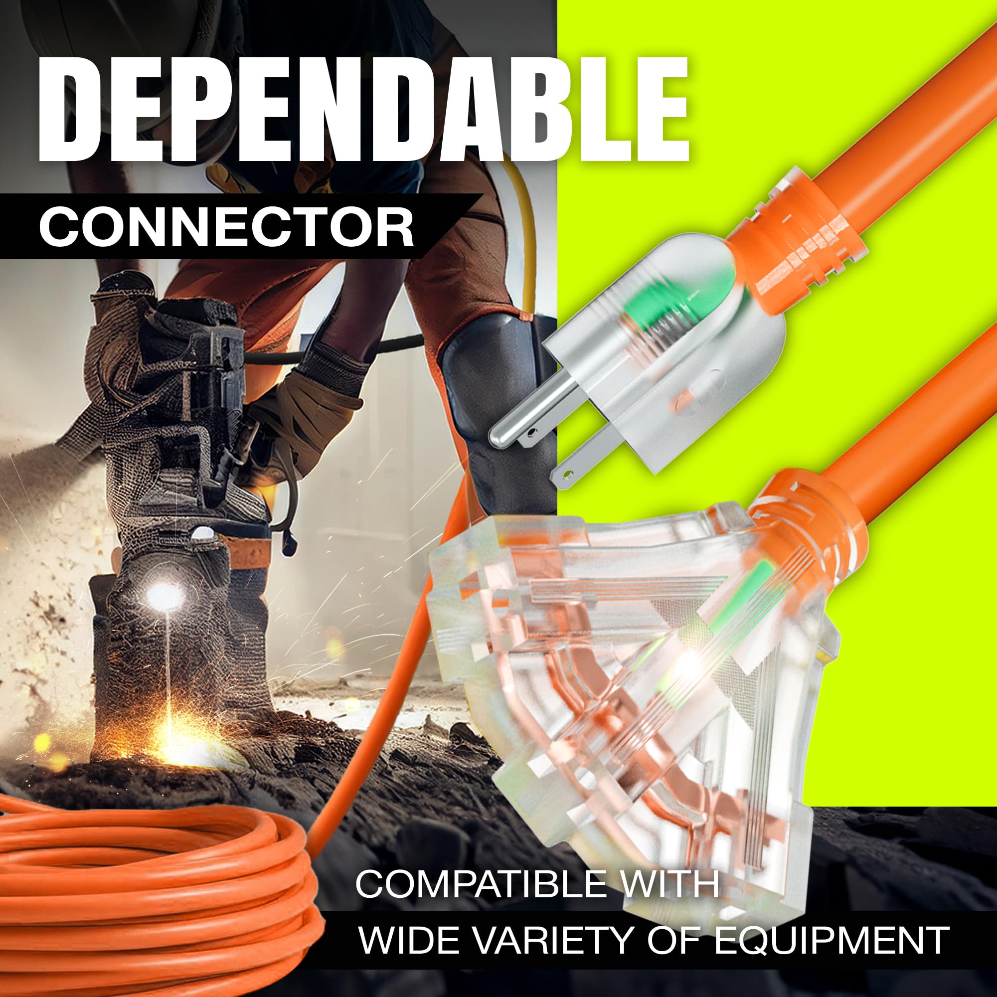 25Ft Power Outdoor Extension Cord & Indoor   Waterproof Electric Drop Cord Cable   3 Prong, 3 Outlet, Sjtw, 12 Gauge, 15 Amp, 12