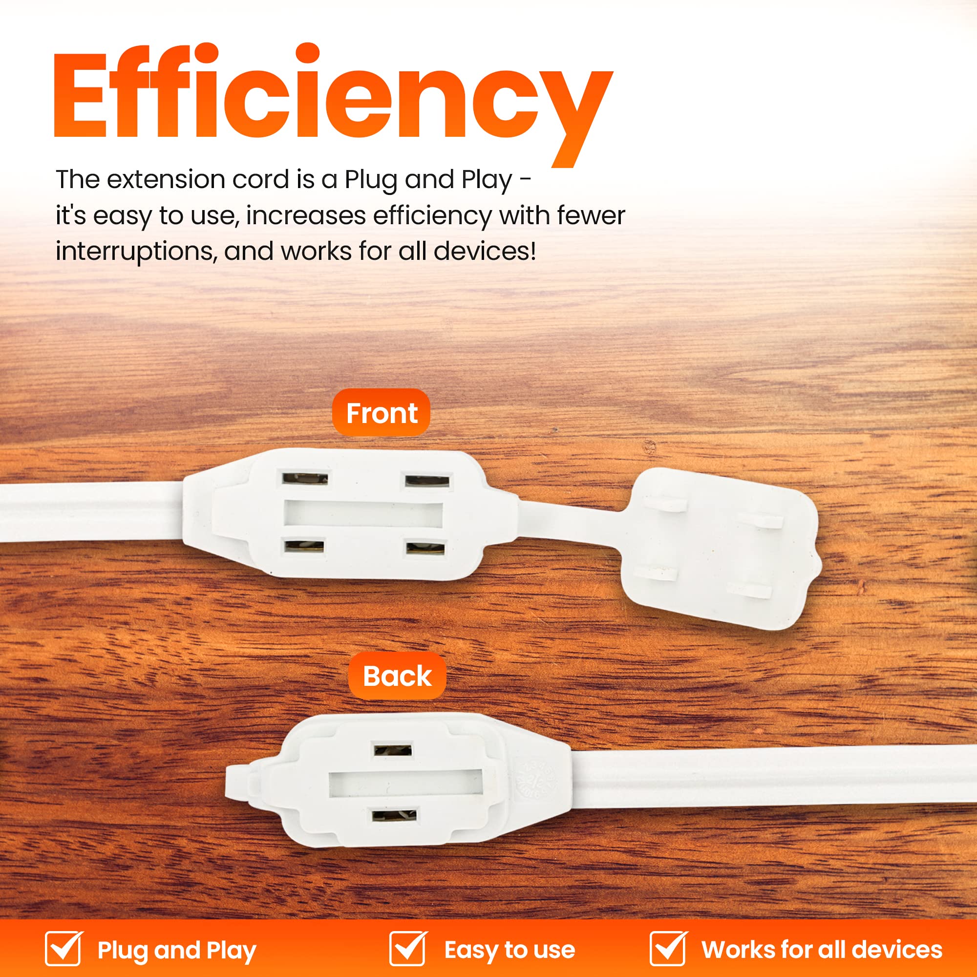 20 Feet White Extension Cord, 3 Outlet, 2 Prong, 16 Gauge Cable, 3 Receptacle Cube Tap, Indoor Use (Pack Of 2)   By Revpex