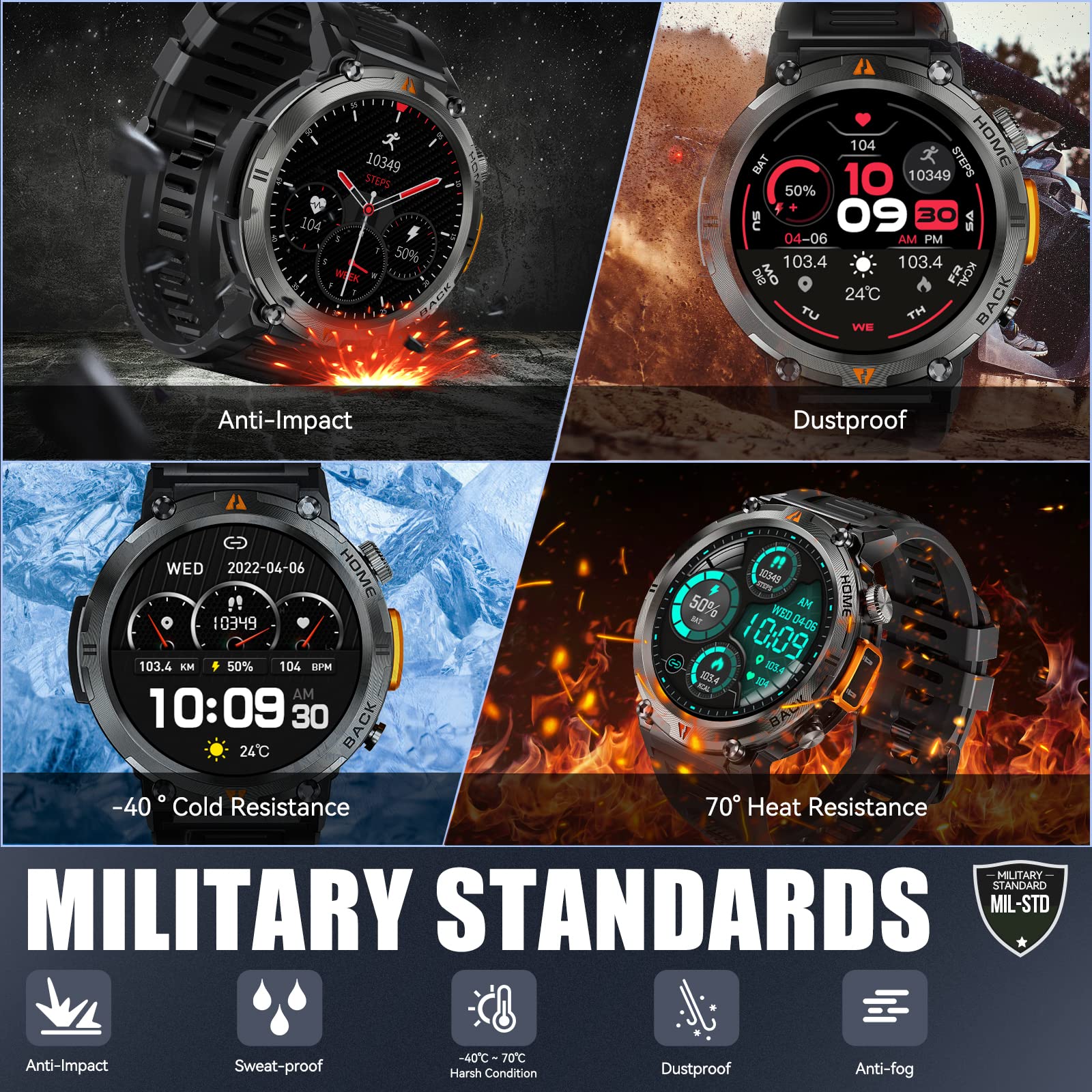 Military Smart Watch For Men With Led Flashlight 3Atm Waterproof Tactical Smart Watch With 100+ Sport Modes 1.45    Fitness Trac