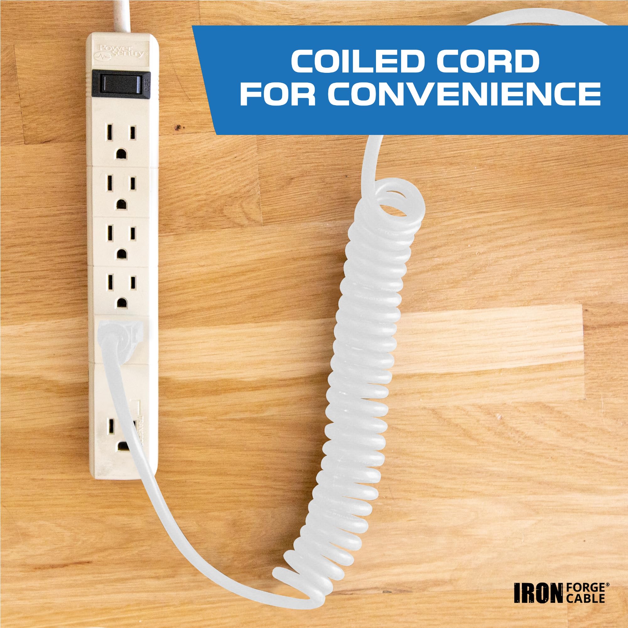 IRON FORGE CABLE 10 ft Coiled Extension Cord, White, 13 Amp, Oil Resistant & Flame Retardant for Indoor & Outdoor Use