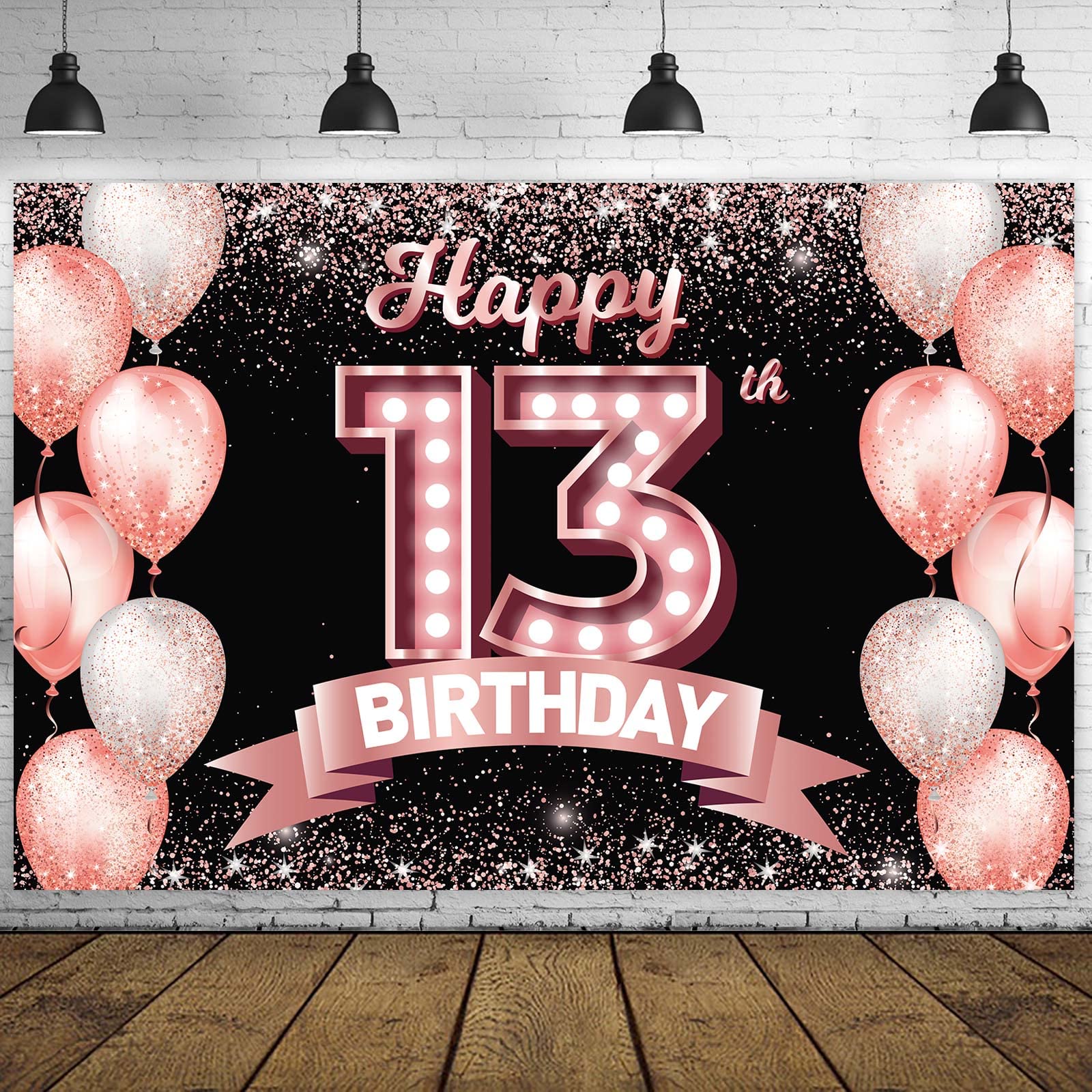 Happy 13Th Birthday Rose Gold Banner Backdrop Cheers To 13 Years Old Confetti Balloons Theme Decor Decorations For Girls 13 Year