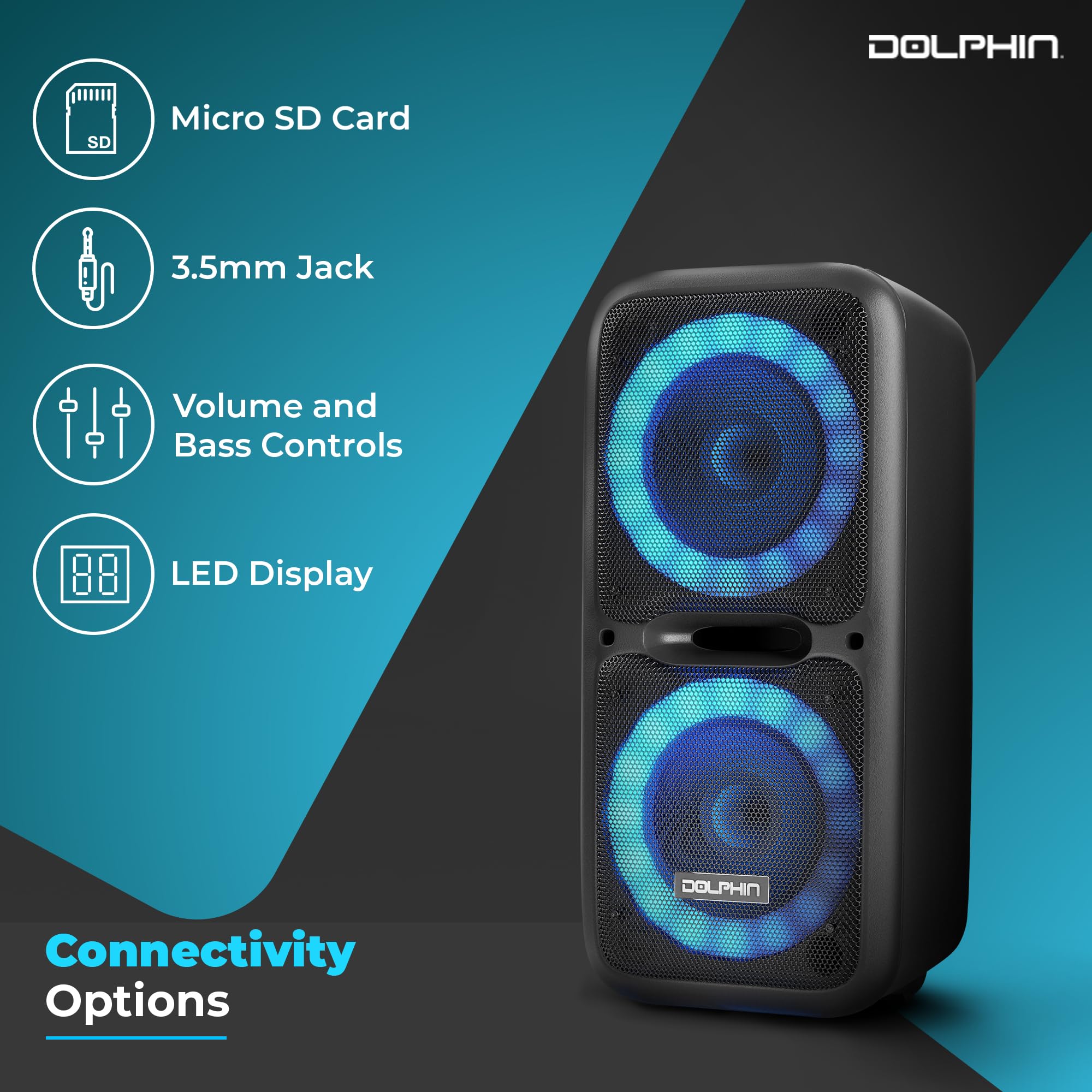 Dolphin Boxparty 2120 Dual 12' Party Speakers   Portable & Rechargeable Sound With Microphone, Bluetooth, Usb, Hi Fi Amp, Powerful Bass, 5 Band Equalizer & Led Lights   Long Battery Life   2X12 Inch