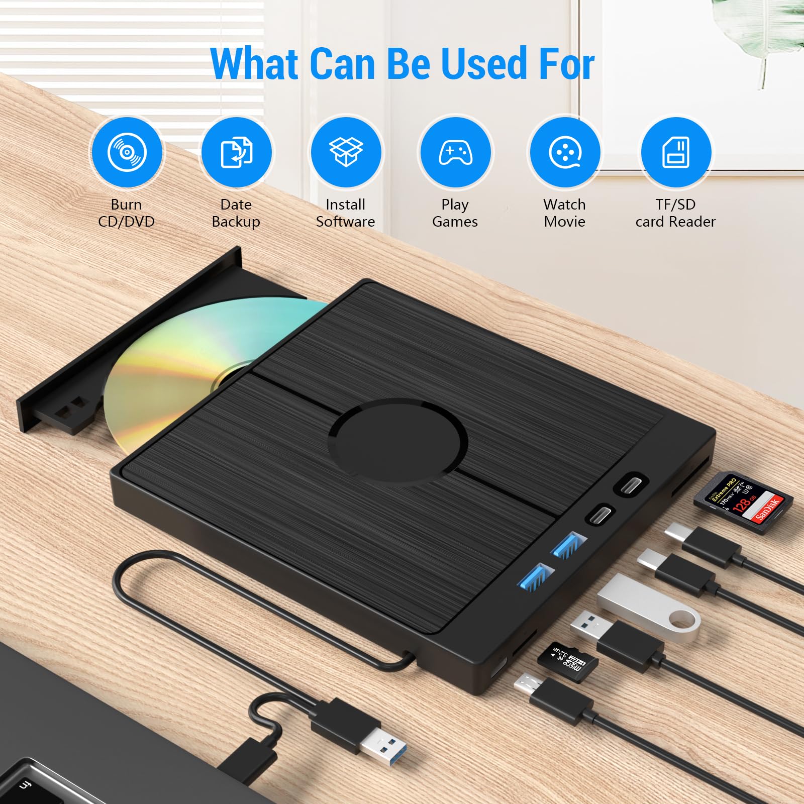 Yaeonku 7 In 1 External Bluray Drive, Usb 3.0 Type C 3D Blu Ray Dvd Burner Slim Optical External Bluray Dvd Burner With Sd/Tf Ca