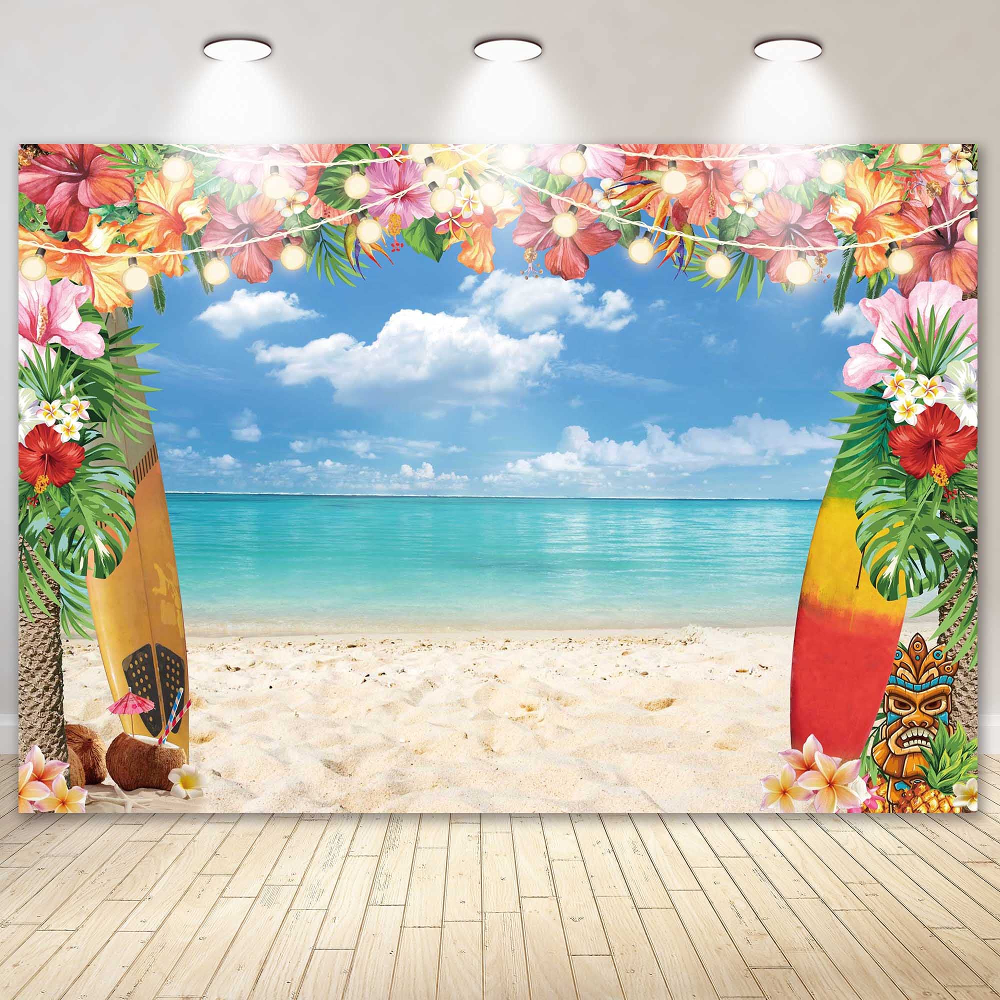 Livucee 10X8Ft Summer Hawaiian Luau Beach Backdrop For Photography Tropical Flower Luau Hawaiian Party Decorations Aloha Blue Sk