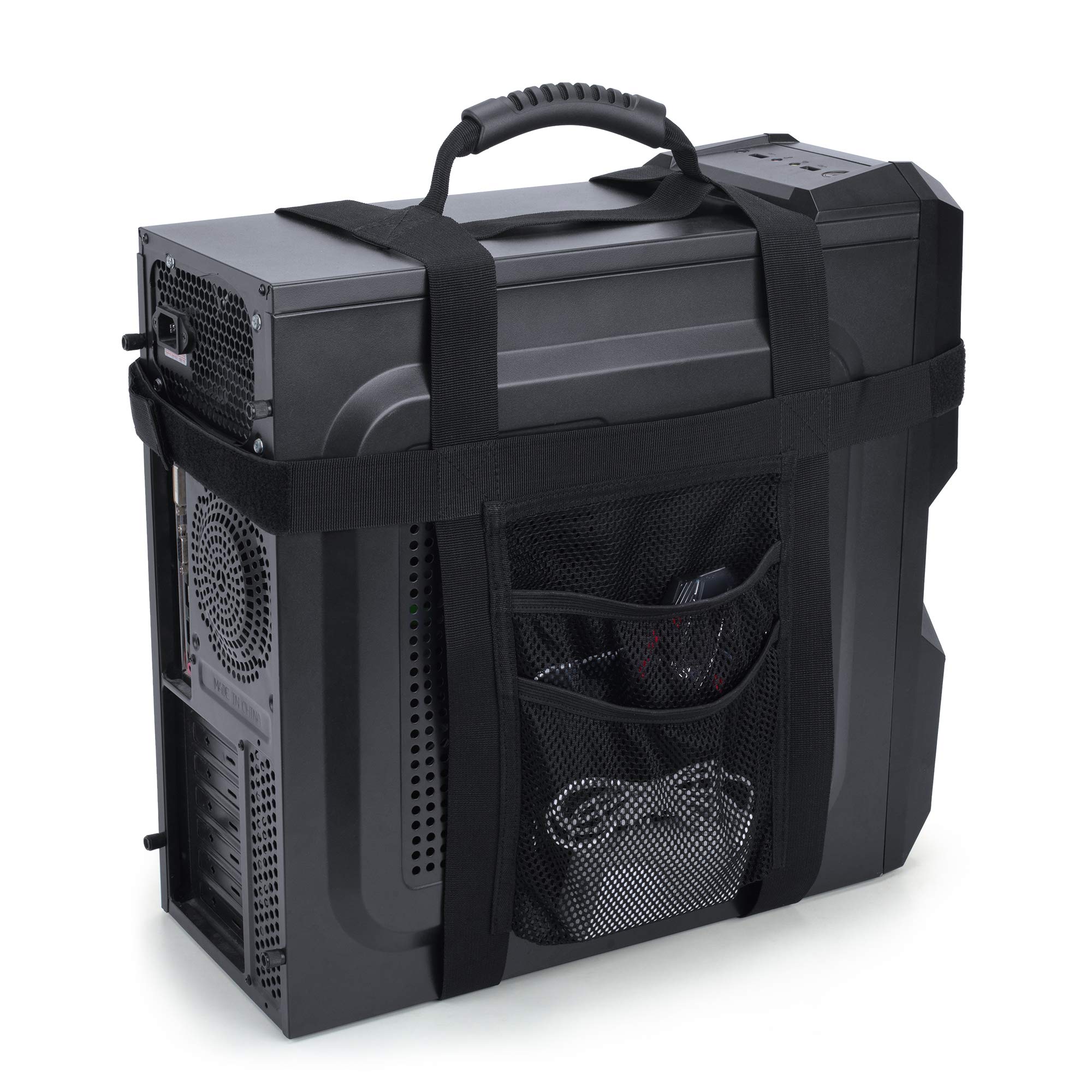 Trunab Pc Tower Carrying Strap With Rubber Handle, Desktop Carrying Case Belt Computer Travel Holder With Pockets For Cable, Mou