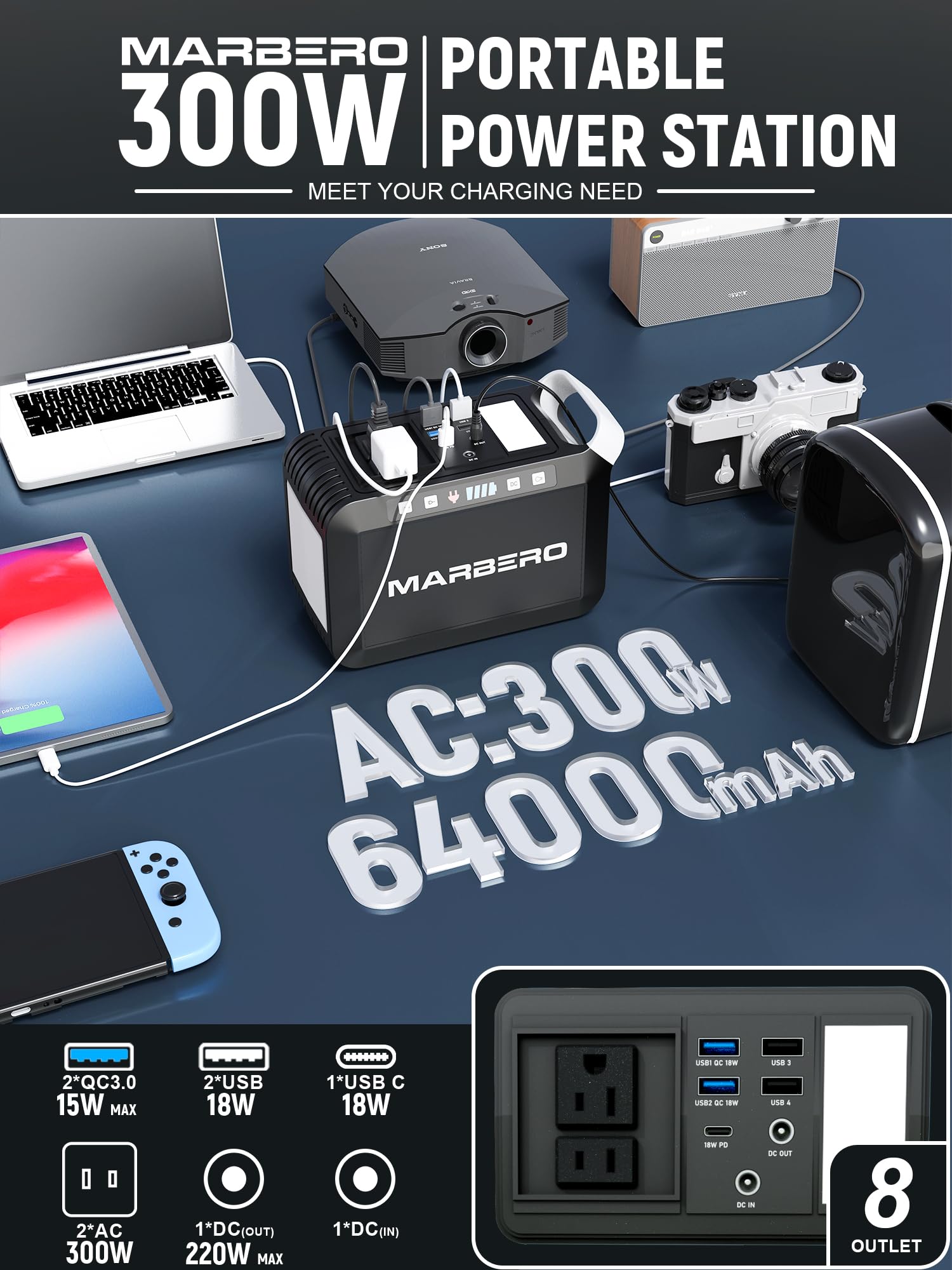 Marbero 237Wh Portable Power Station With 300W Ac Outlet, Mini Generator With Led Lights For Outdoor Camping Trip, Laptop Charge