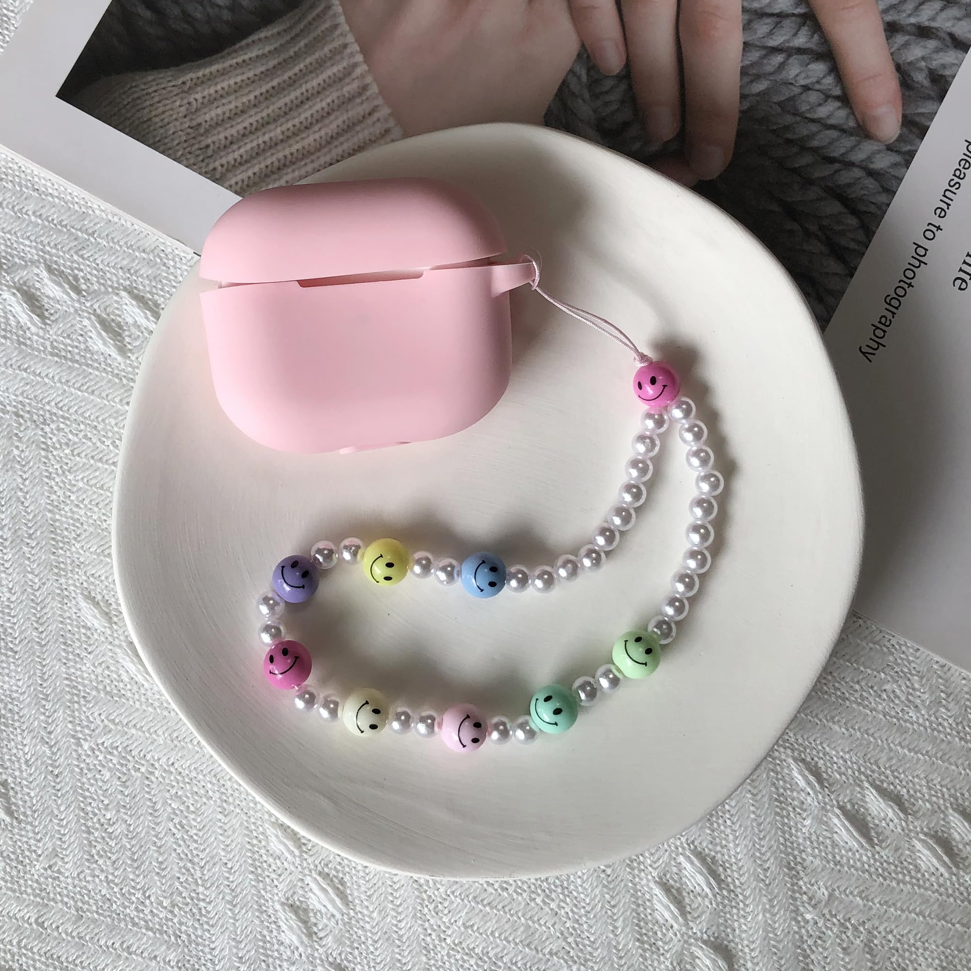 Holaoct 3Pcs Phone Charm,Cute Smiley Face Phone Charms Strap Beaded Keychain Pearl Phone Case Lanyards For Women