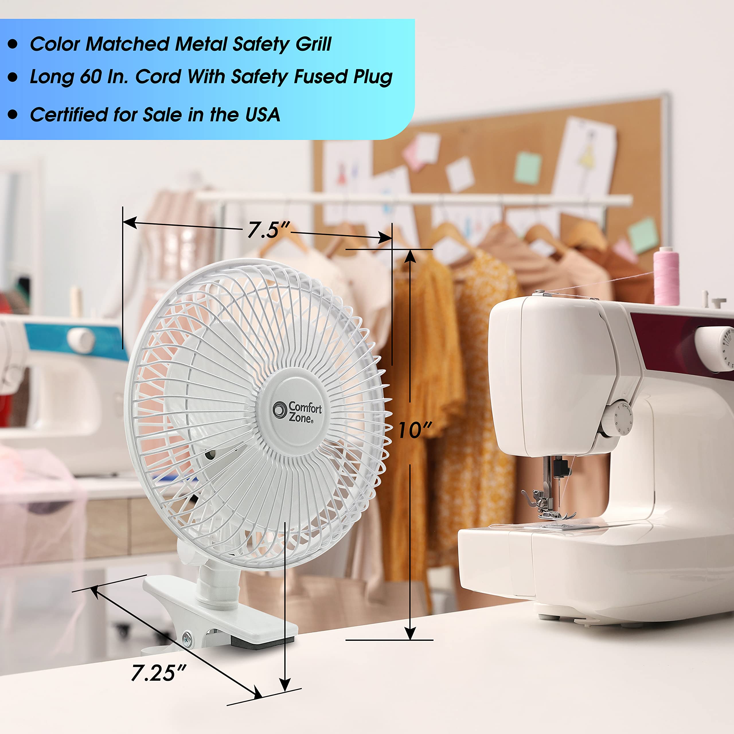 Comfort Zone Portable Clip On Fan With Fully Adjustable Tilt, Electric, 6 Inch, Quiet, Indoor, 2 Speed, Mini Desk Fan, Table Fan