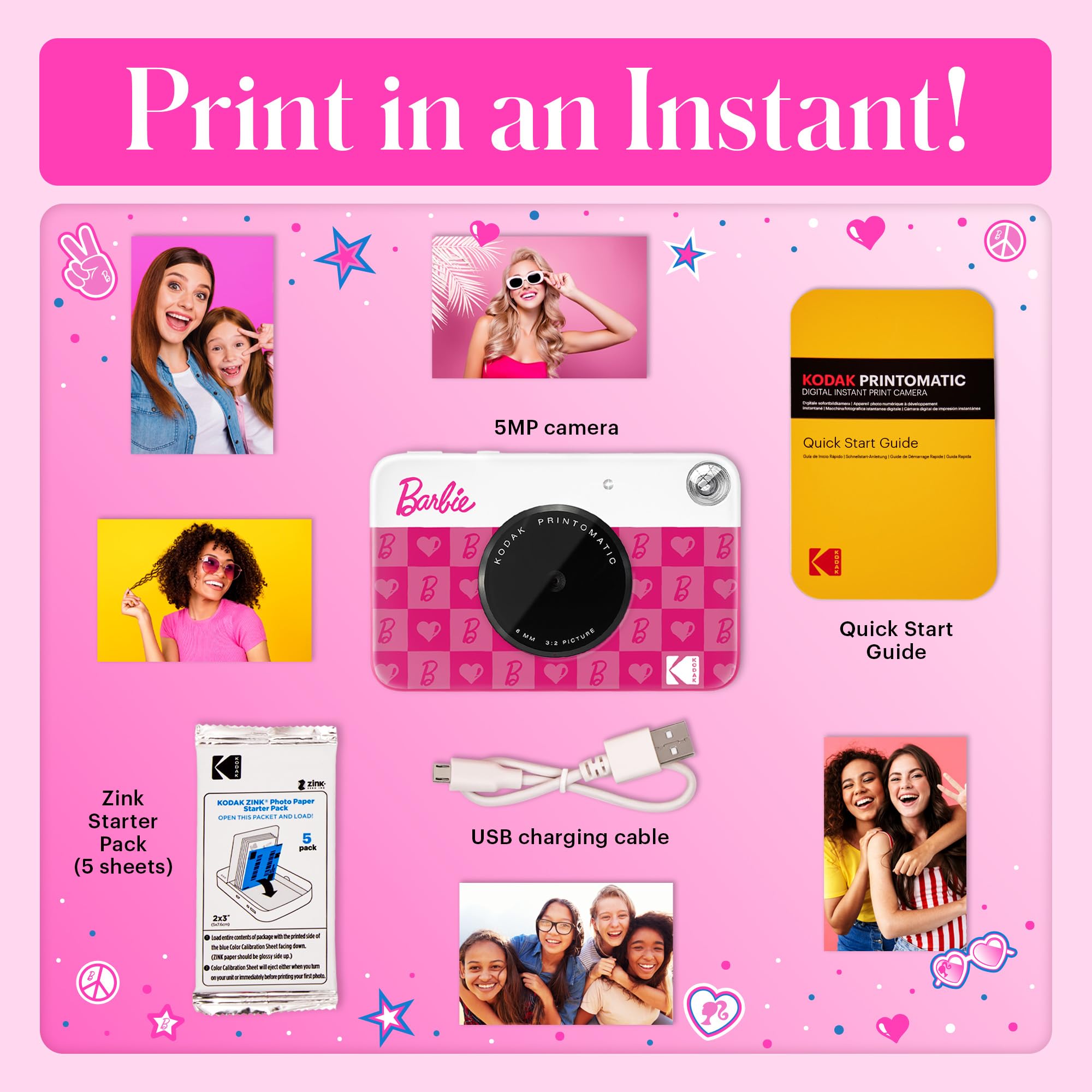 Kodak X Barbie Printomatic Full Color Instant Print Digital Camera   5Mp Portable Barbie Camera   Colorful Photos On Zink 2X3 St