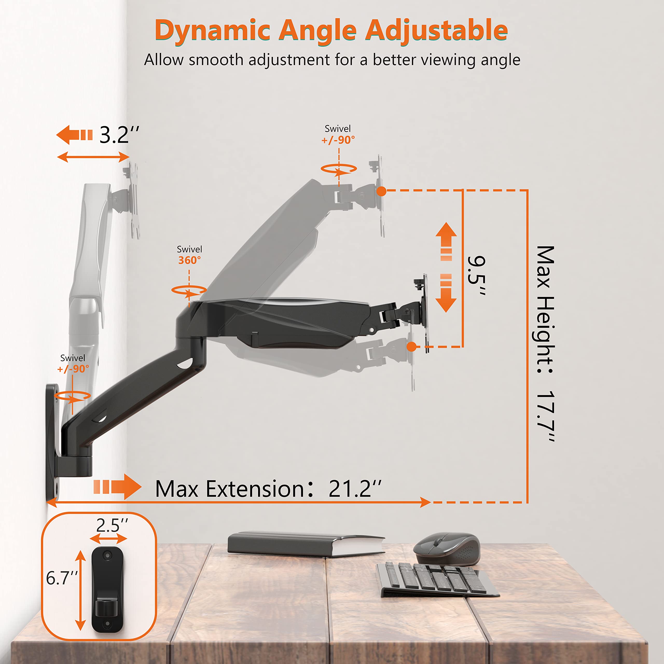 WALI Single Monitor Wall Mount, Gas Spring Monitor Arm for 1 Screen up to 32 inch, 19.8 lbs. Fully Adjustable Arm Max Extension 21.2 inch (GSWM001), Black
