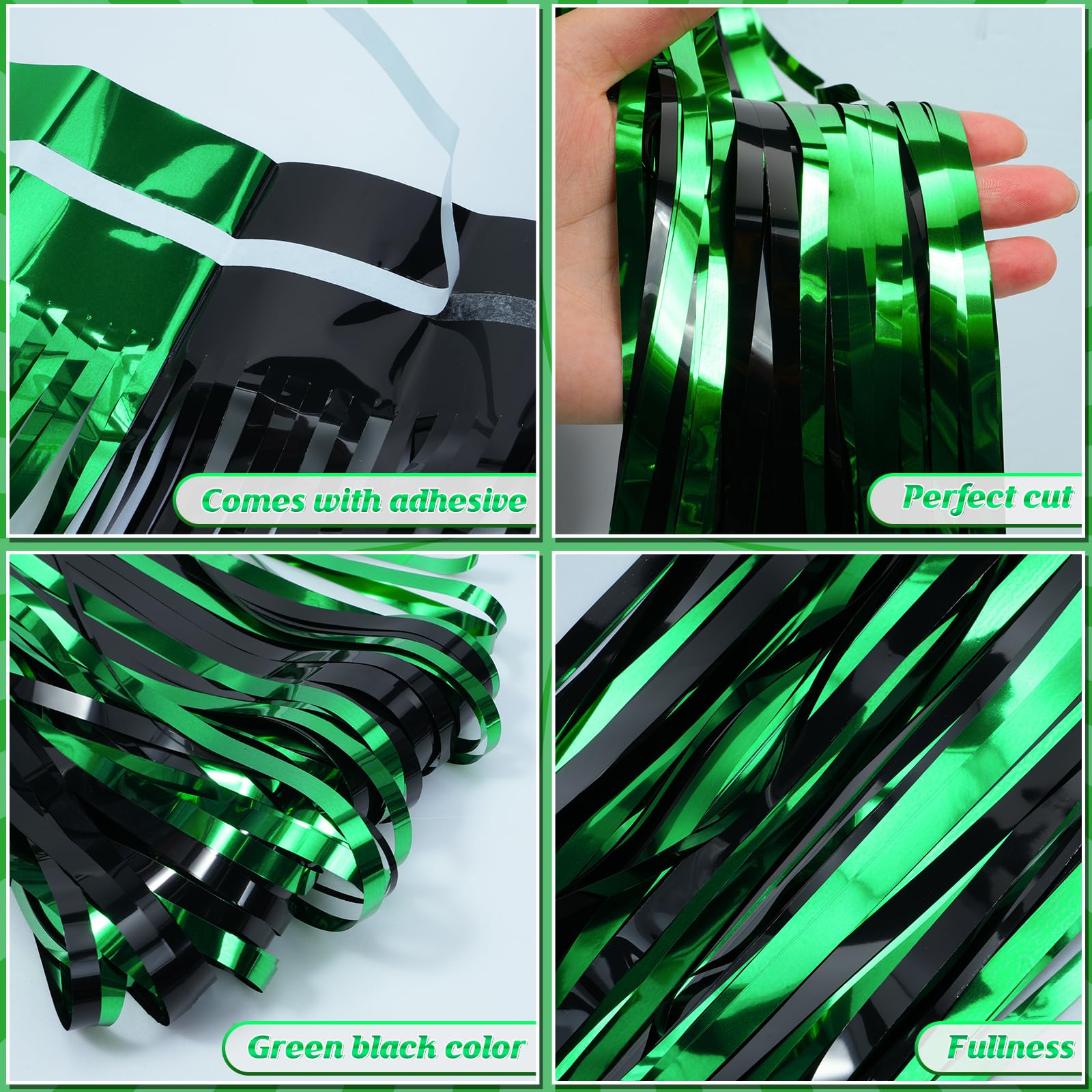 6Pack 3.3Ft X 6.6Ft Graduation Foil Fringe Curtain Backdrop Decorations, Green Black Metallic Tinsel Foil Streamers Curtain Phot