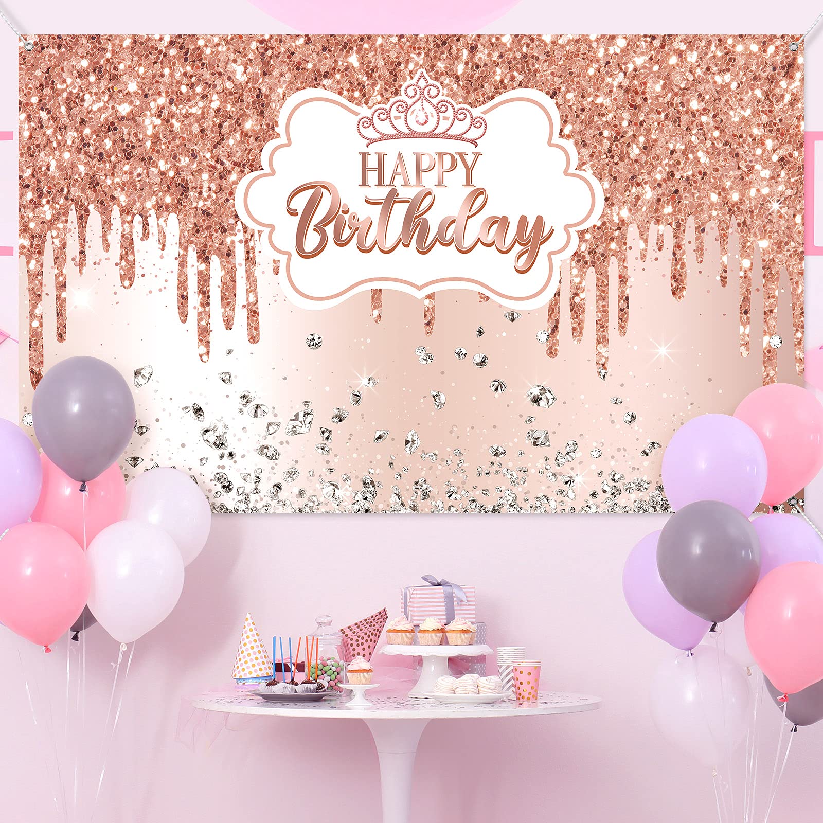 Rose Gold Happy Birthday Backdrop For Girls Women Rose Gold Happy Birthday Banner Glitter Diamond Birthday Backdrop Sweet Prince