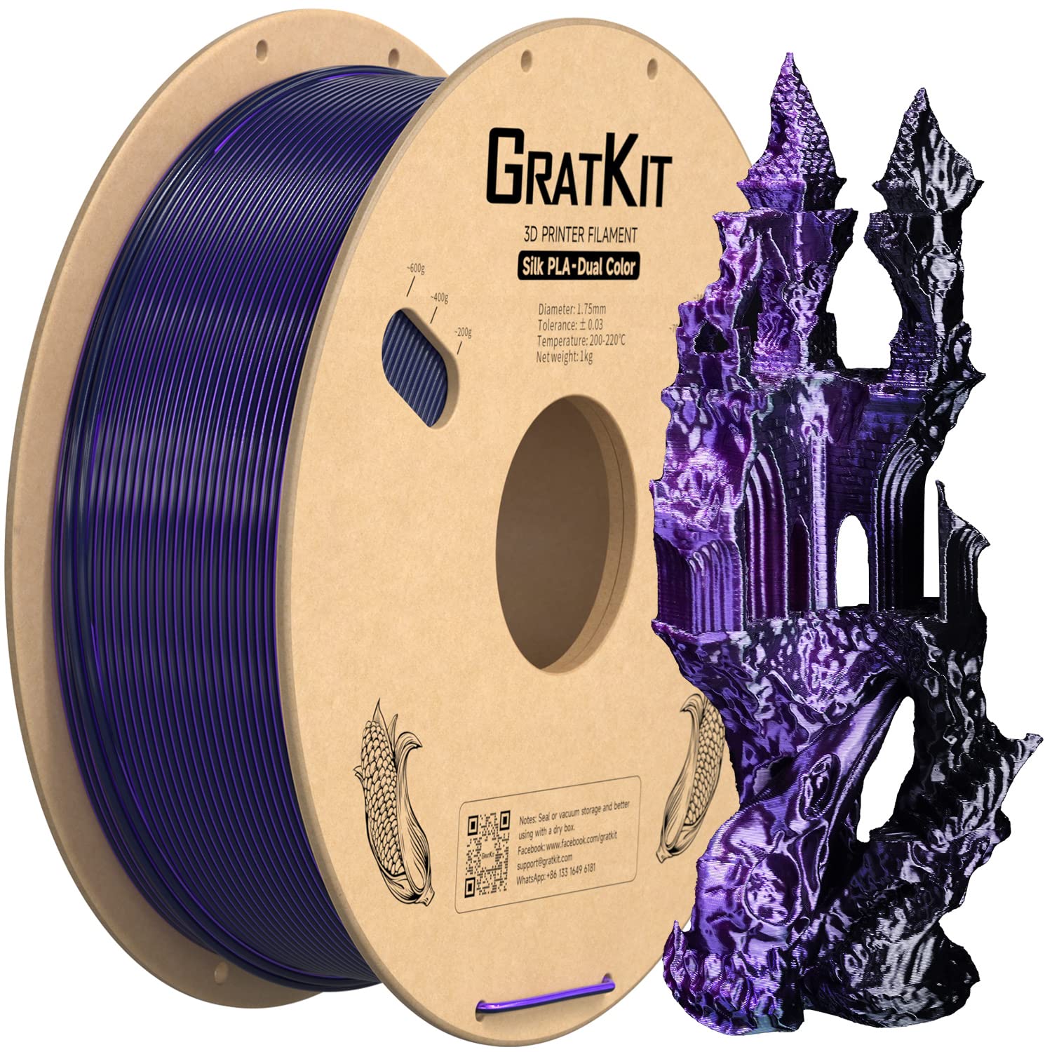 Gratkit Silk Dual Color Pla Filament, Coextrusion Pla Filament 1.75Mm,  0.03Mm, 1Kg/Roll, Silk Pla Black & Purple