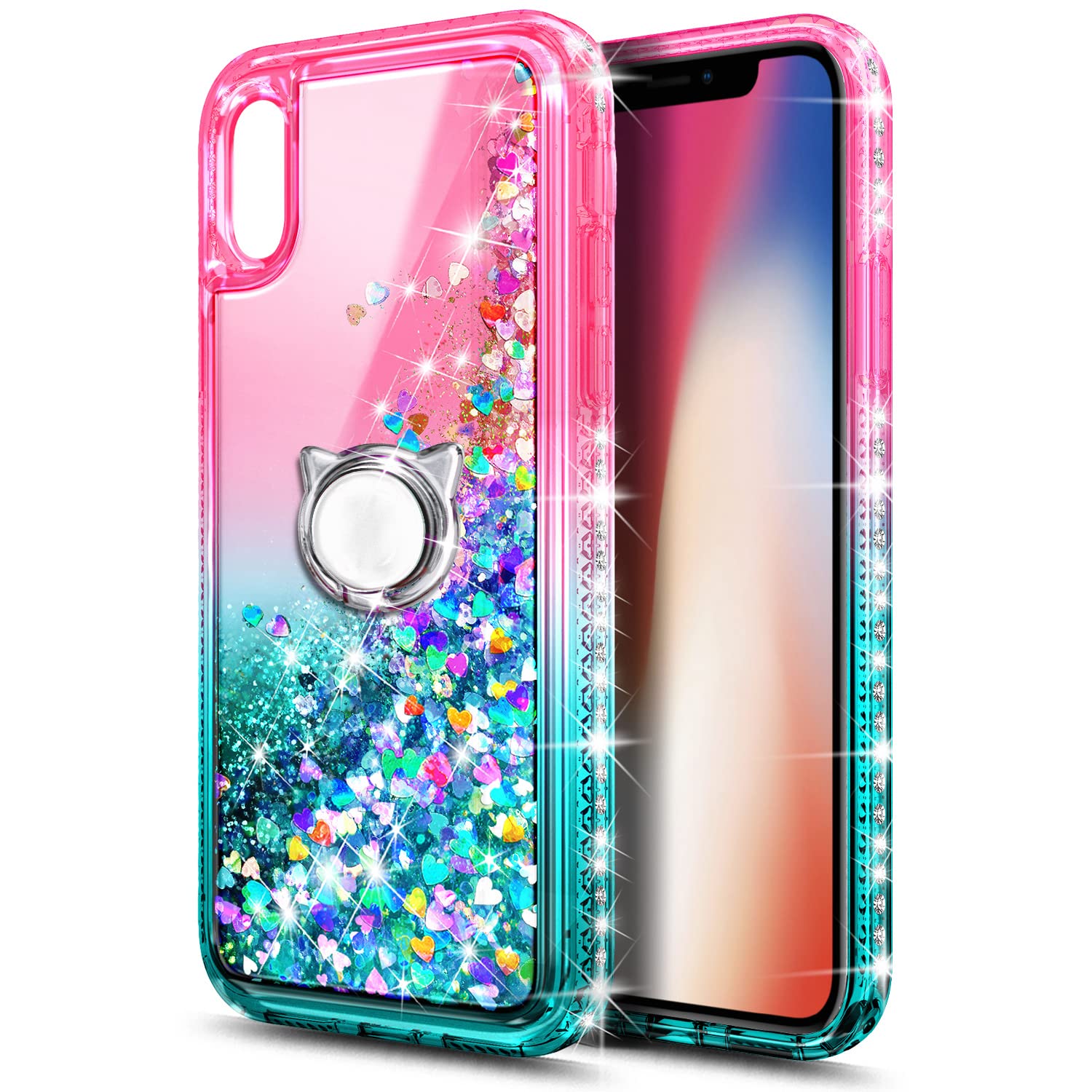 Ngb Case For Iphone Xs Max With Tempered Glass Screen Protector, Ring Holder/Wrist Strap, Girls Women Liquid Bling Sparkle Flowi