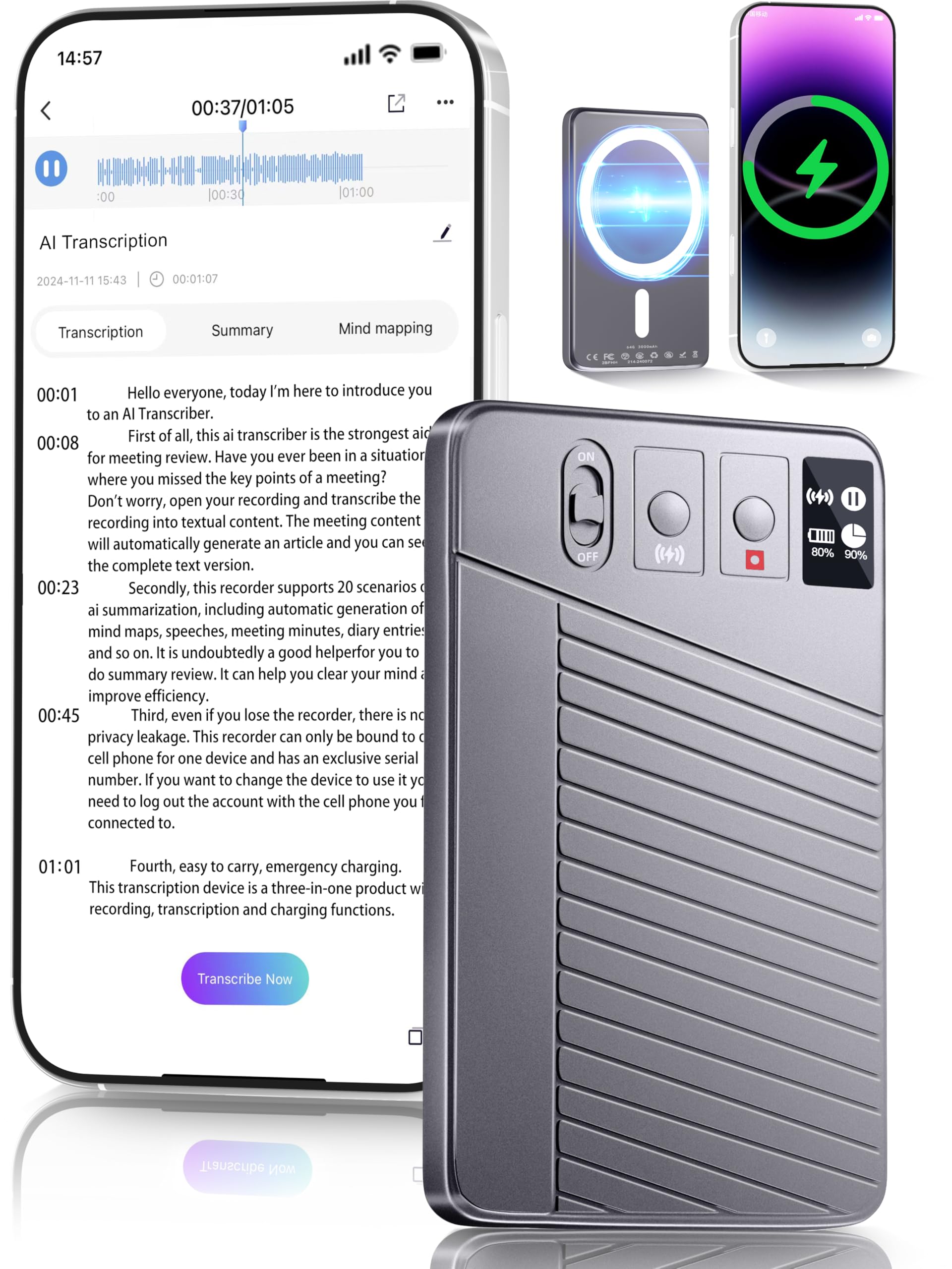 Ai Voice Recorder   Record,Transcribe,Charge 3 In 1,Support 107 Languages,Avoid Missing Meeting Highlights,64 Gb,Chatgpt Driven