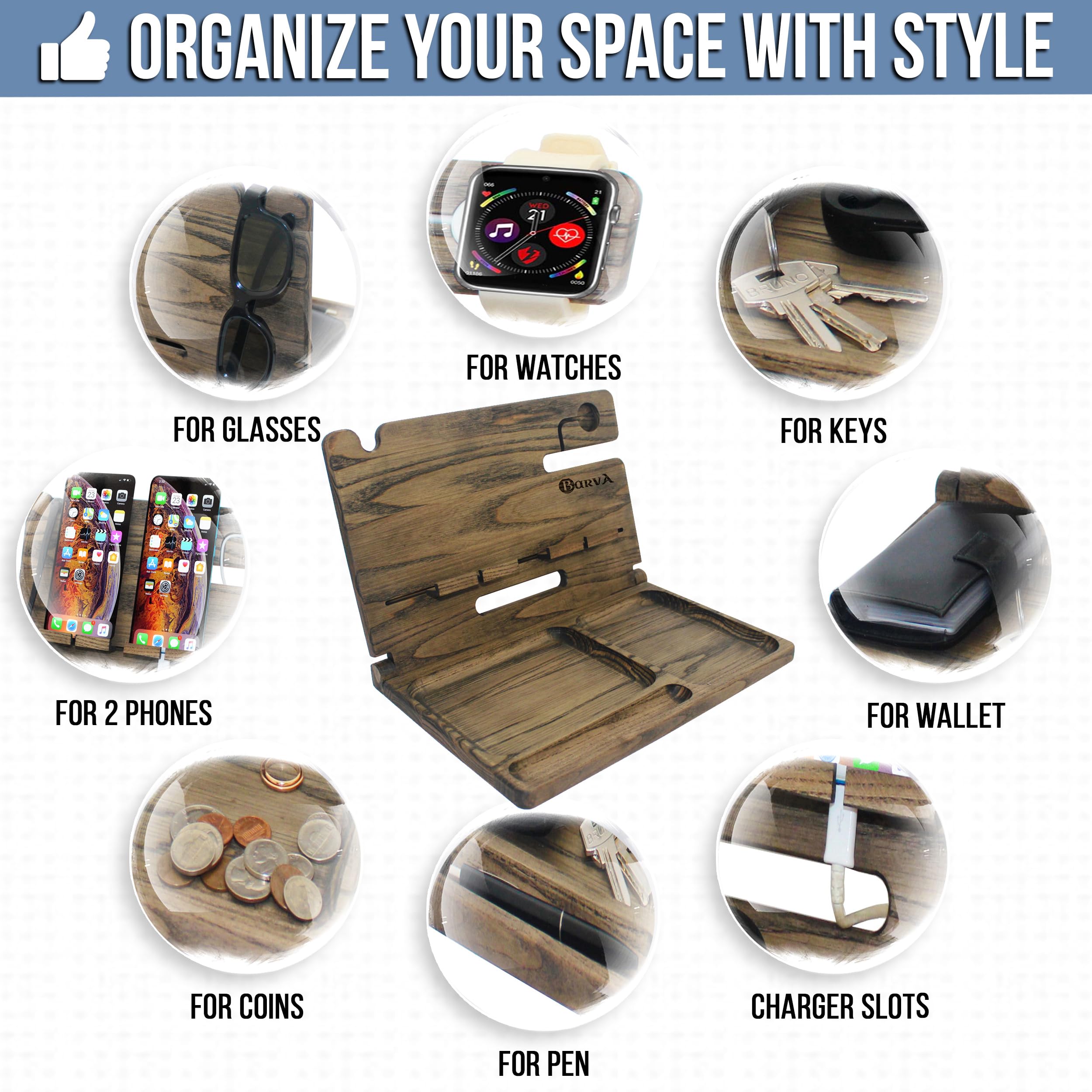 Barva Two Phone Docking Station | Foldable Night Stand Desk Organizer | Rustic Nightstand Organizer | Tablet Smart Watch Earbuds