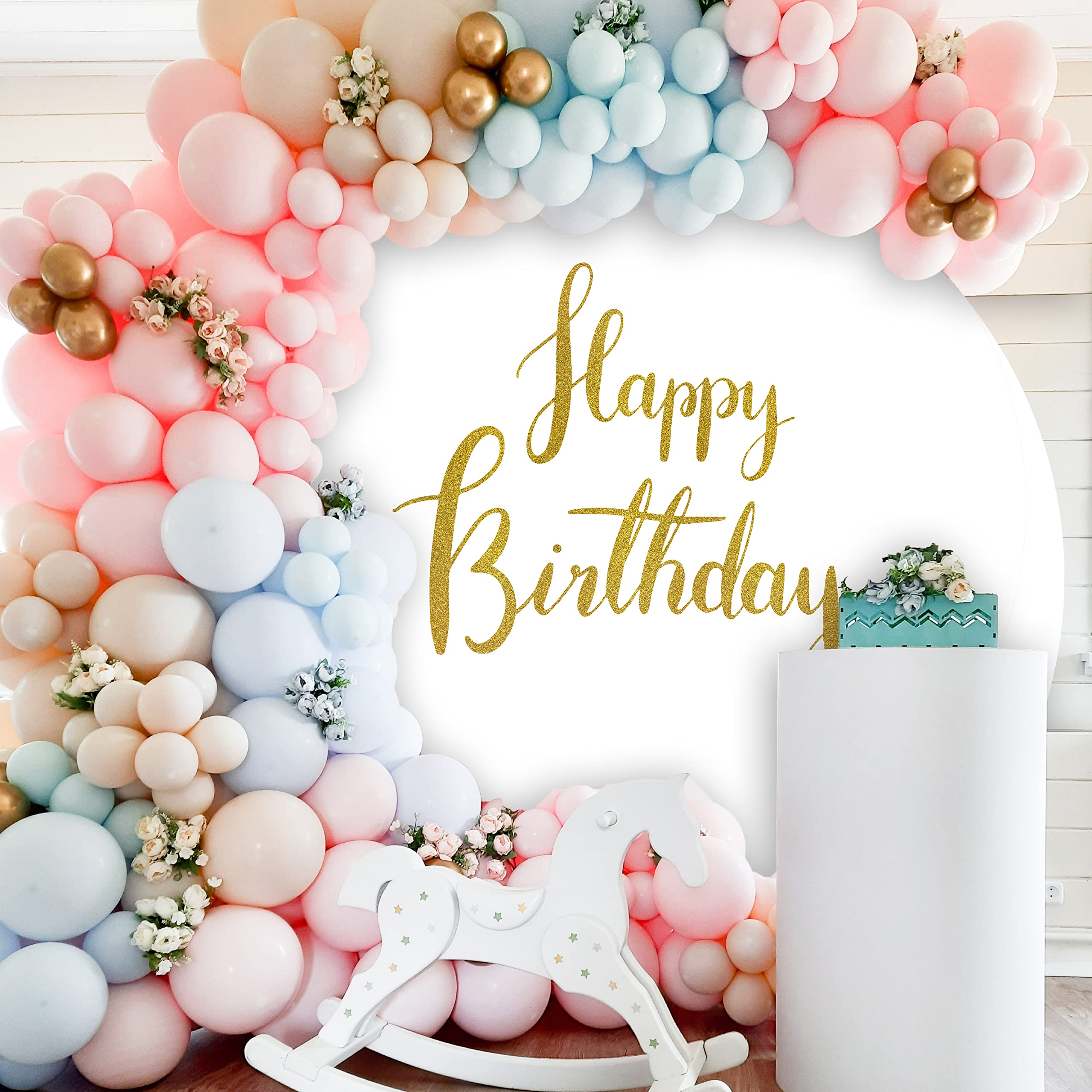 Jditngp Happy Birthday Sign Round Backdrop Cover 6.5Ft,White Circle Background Cover With 4Clips, Round Backdrop Cover Gold Happ