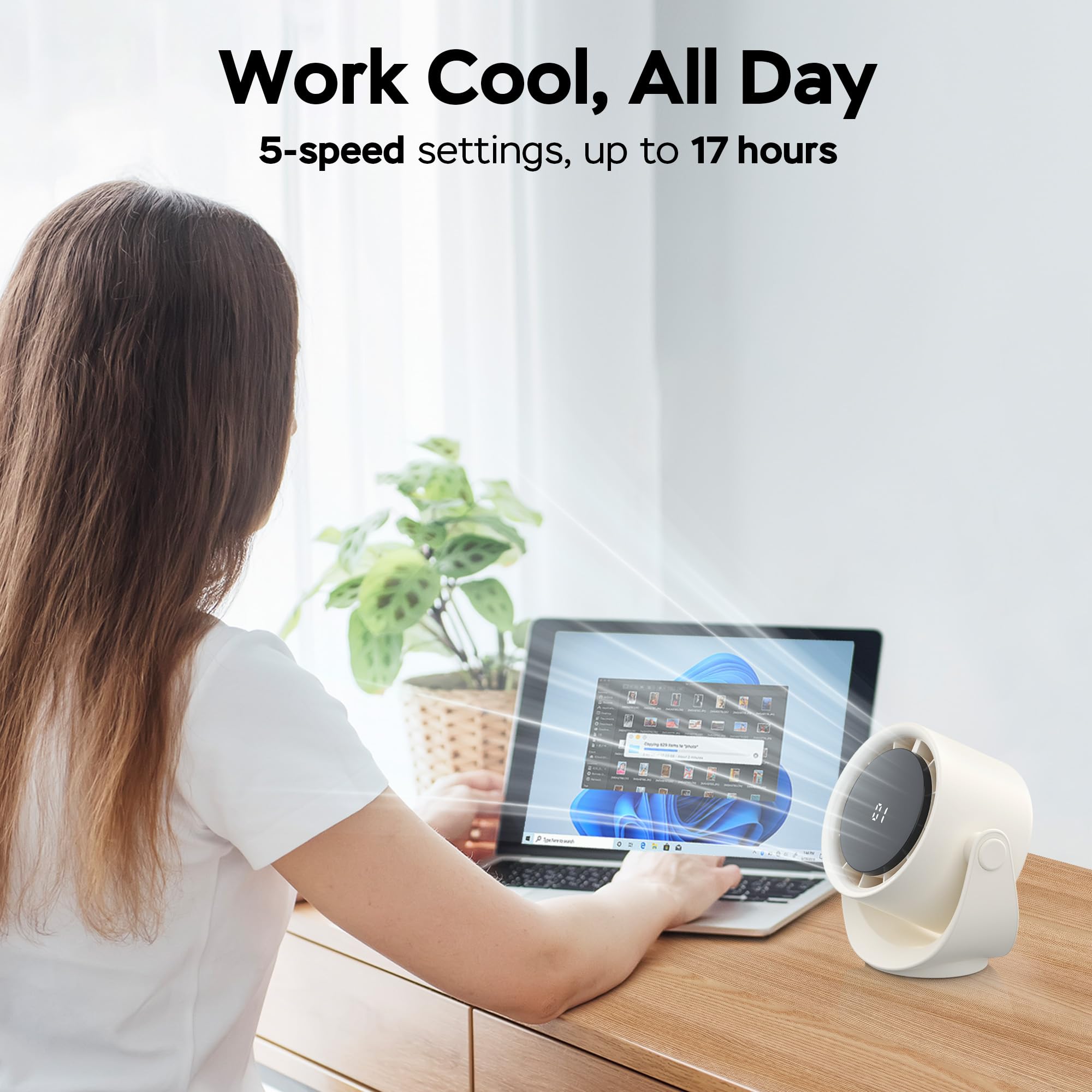 Kitwlemen Portable Desk Fan - 5 Speed Rechargeable Battery Operated Fan, 4000Mah 17H Cooling, Powerful Small Turbo Fan For Bedro