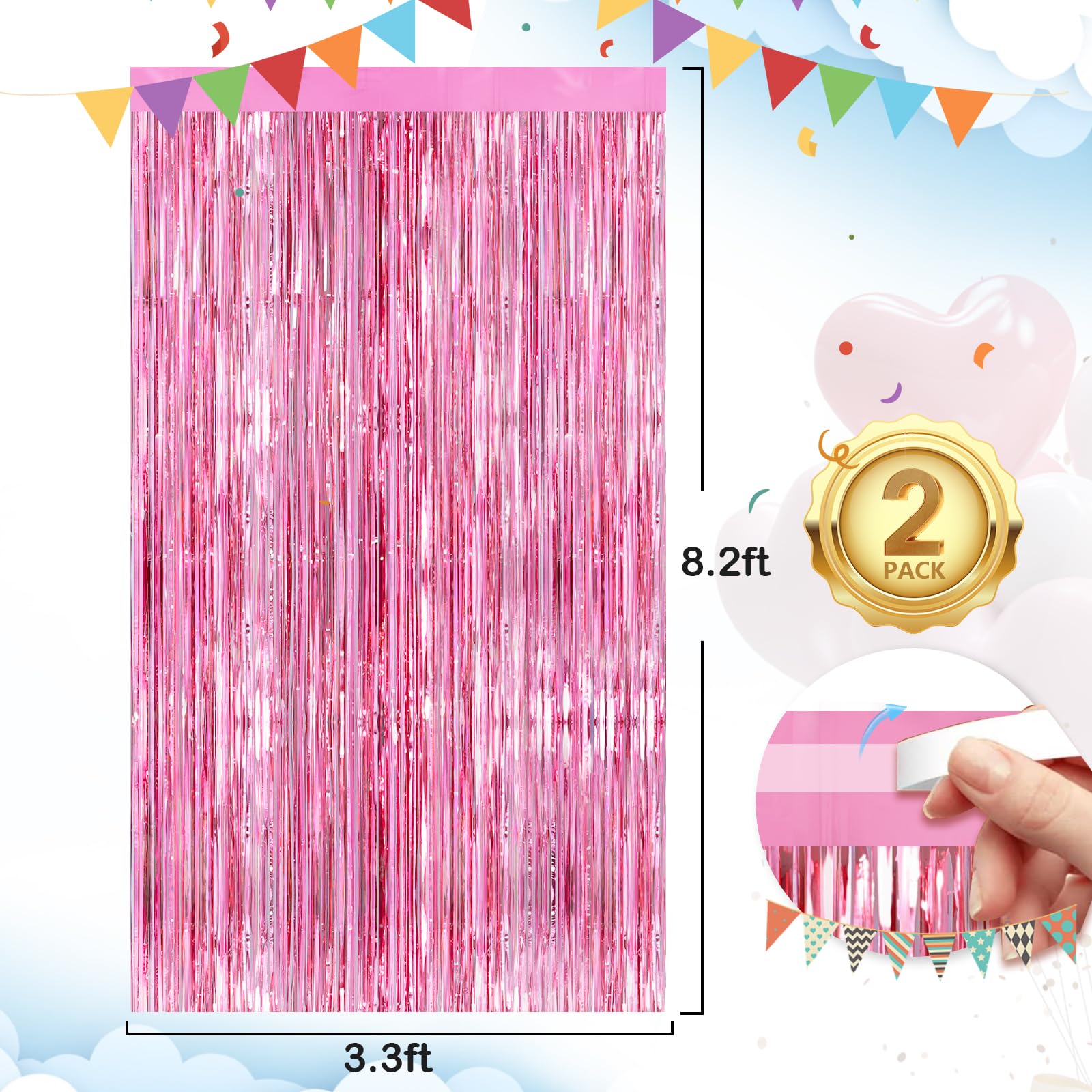 Glitter Pink Party Streamers 2Pack Glitter Foil Fringe Curtain 3.3 X 8.3Ft Pink Party Decor Photo Booth Streamers Metallic Tinse