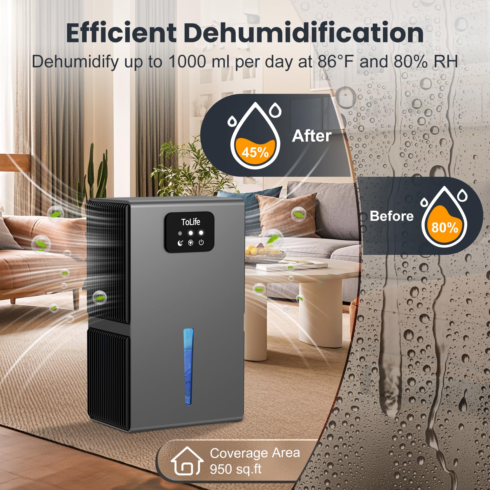 Tolife Dehumidifiers For Bedroom, 95 Oz Dehumidifier For Room With Auto Shut Off, Sleep Mode (950 Sq. Ft) Portable Dehumidifier