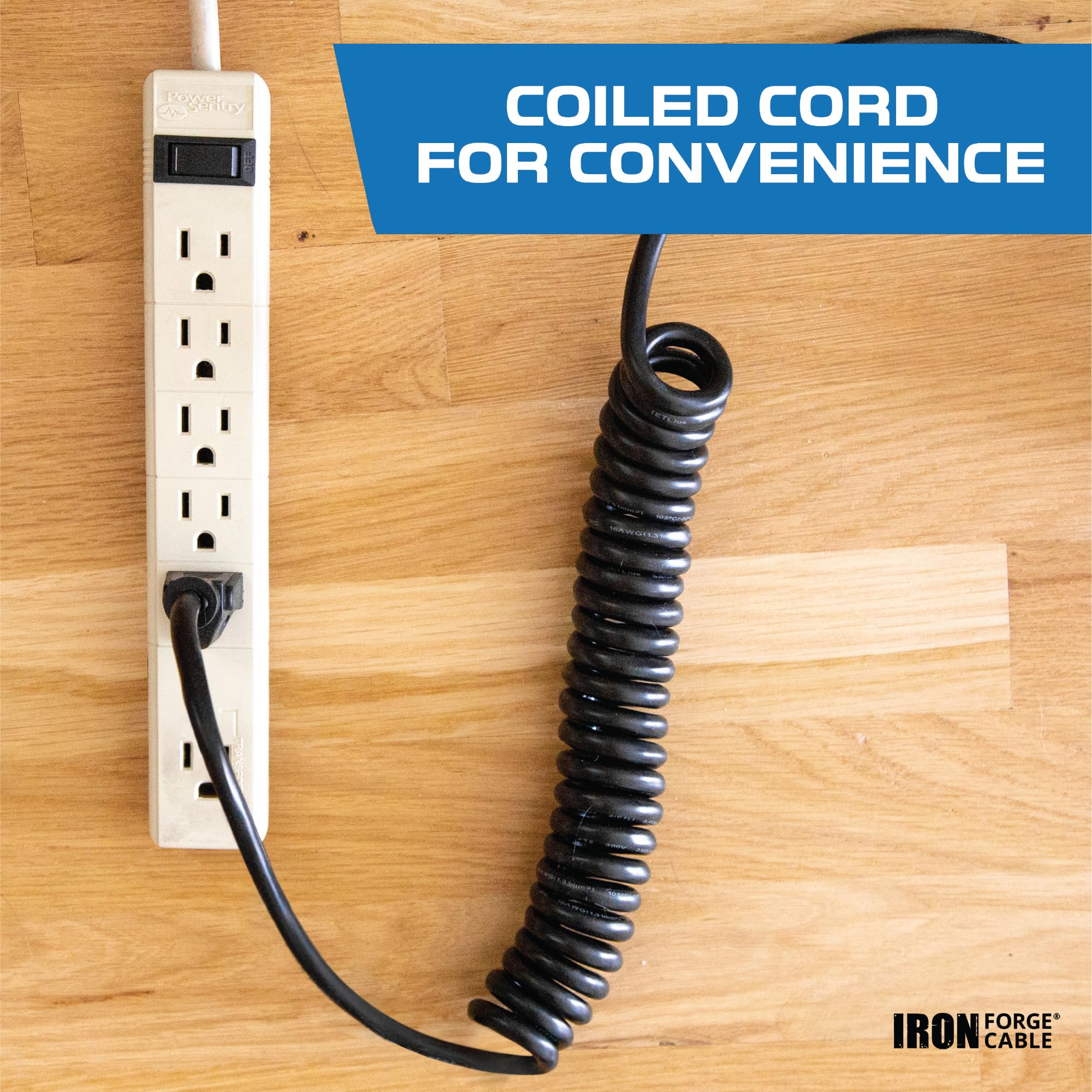 Iron Forge Cable Sjeow Black Outdoor Coiled Extension Cord 10 Ft,13 Amp Oil Resistant & Flame Retardant 3 Prong Coiled Electrica