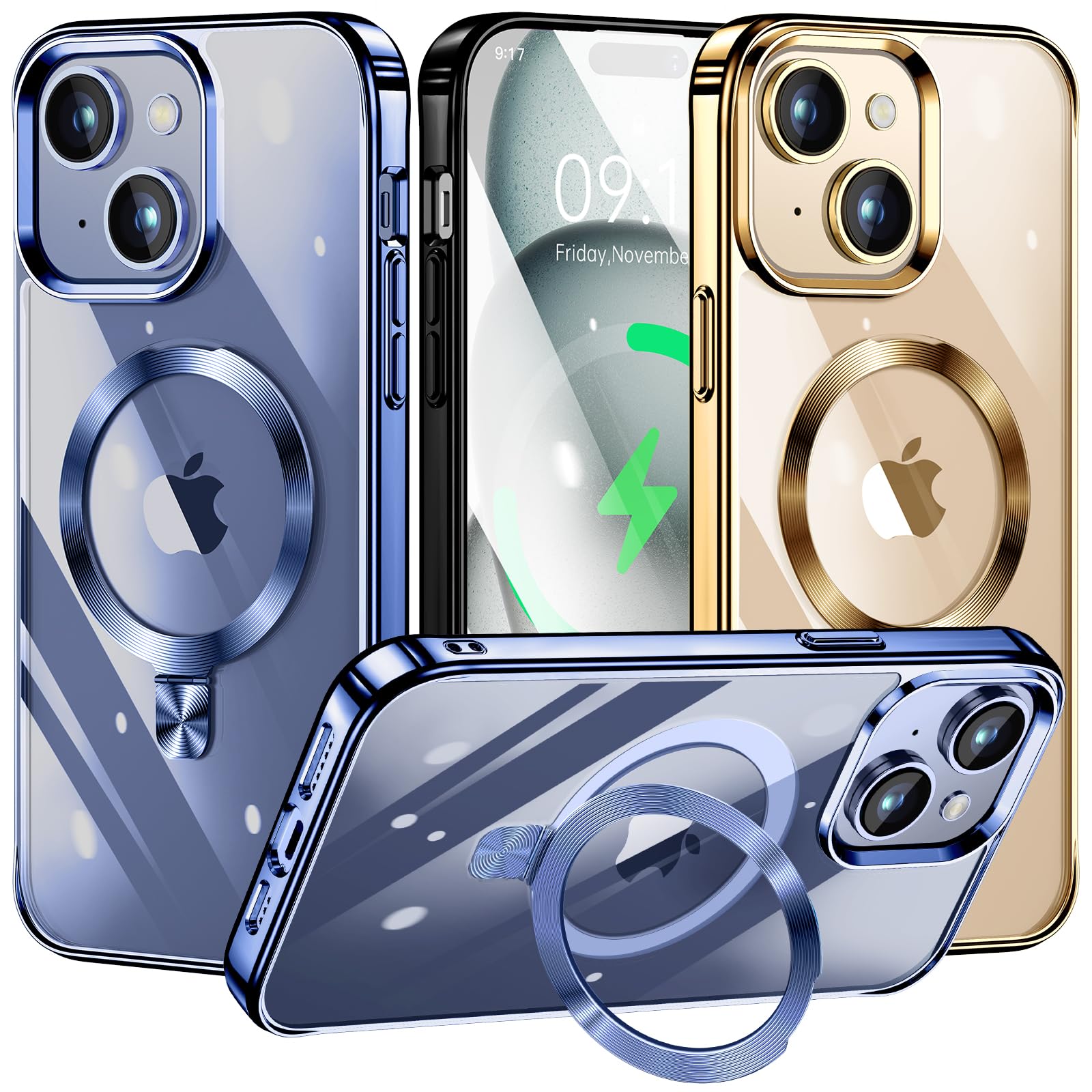 Tlikemiss [Cd Ring Compatible With Magsafe Invisible Stand] Magnetic For Iphone 15 Plus Case, [Electroplated Bumper Non Yellowin