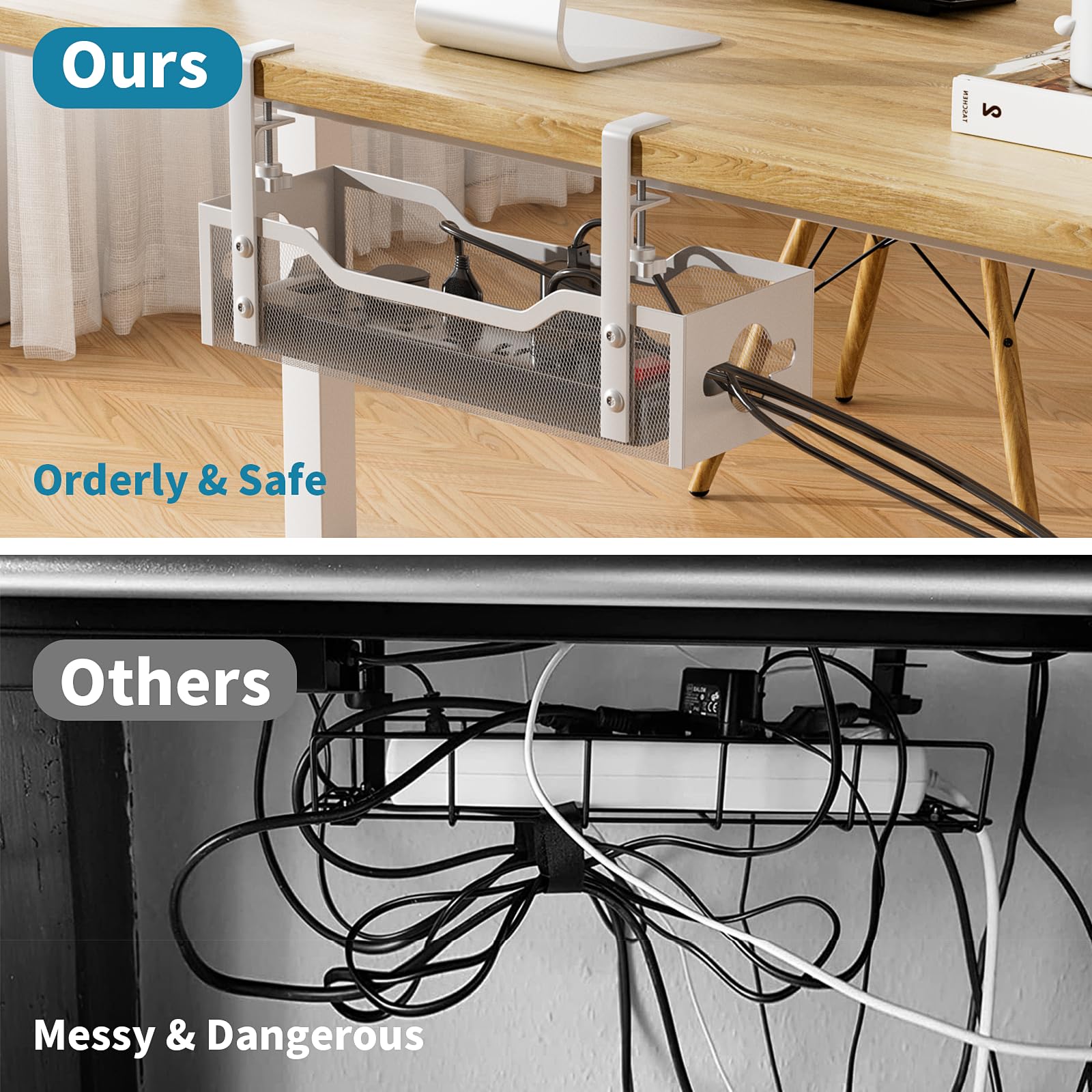 Under Desk Cable Management Tray, Litwaro Cable Management Under Desk No Drill, Metal Cable Tray With Clamp For Desk Wire Manage