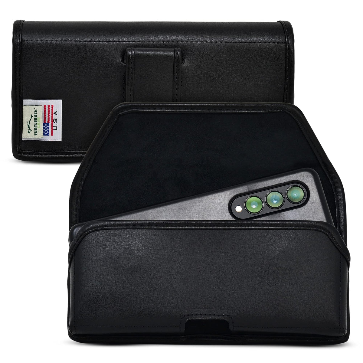Turtleback Holster Designed for Galaxy Z Fold 3 (2021) with Thin Fit Case Horizontal Belt Case Black Leather Pouch with Executive Belt Clip,