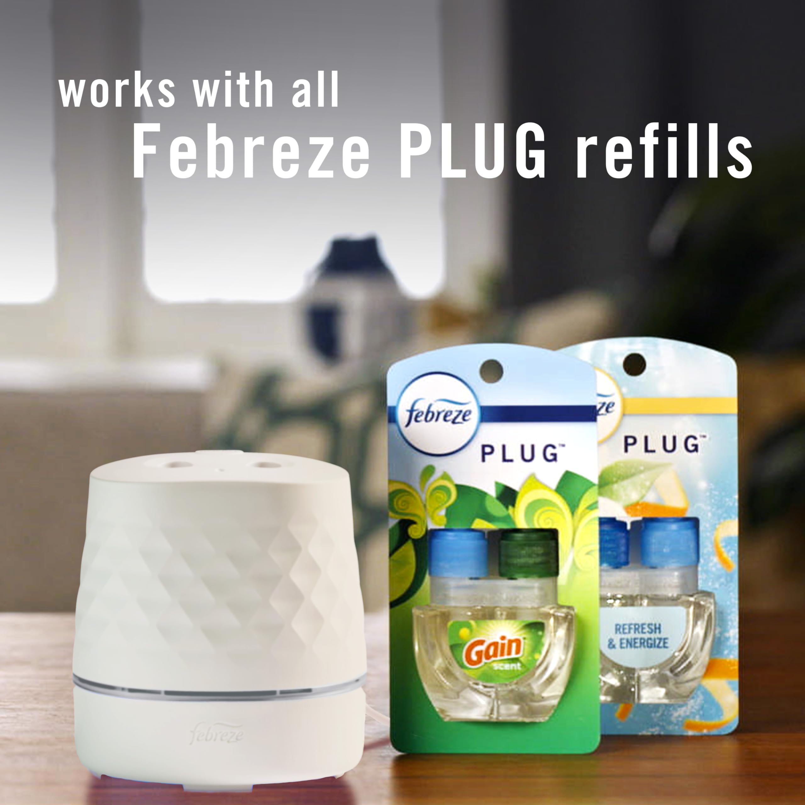 Febreze Plug Scent Booster Starter Kit, Oil Diffuser, Air Freshener Plug In, Continuous Scent Device + 2 Gain Original Refills