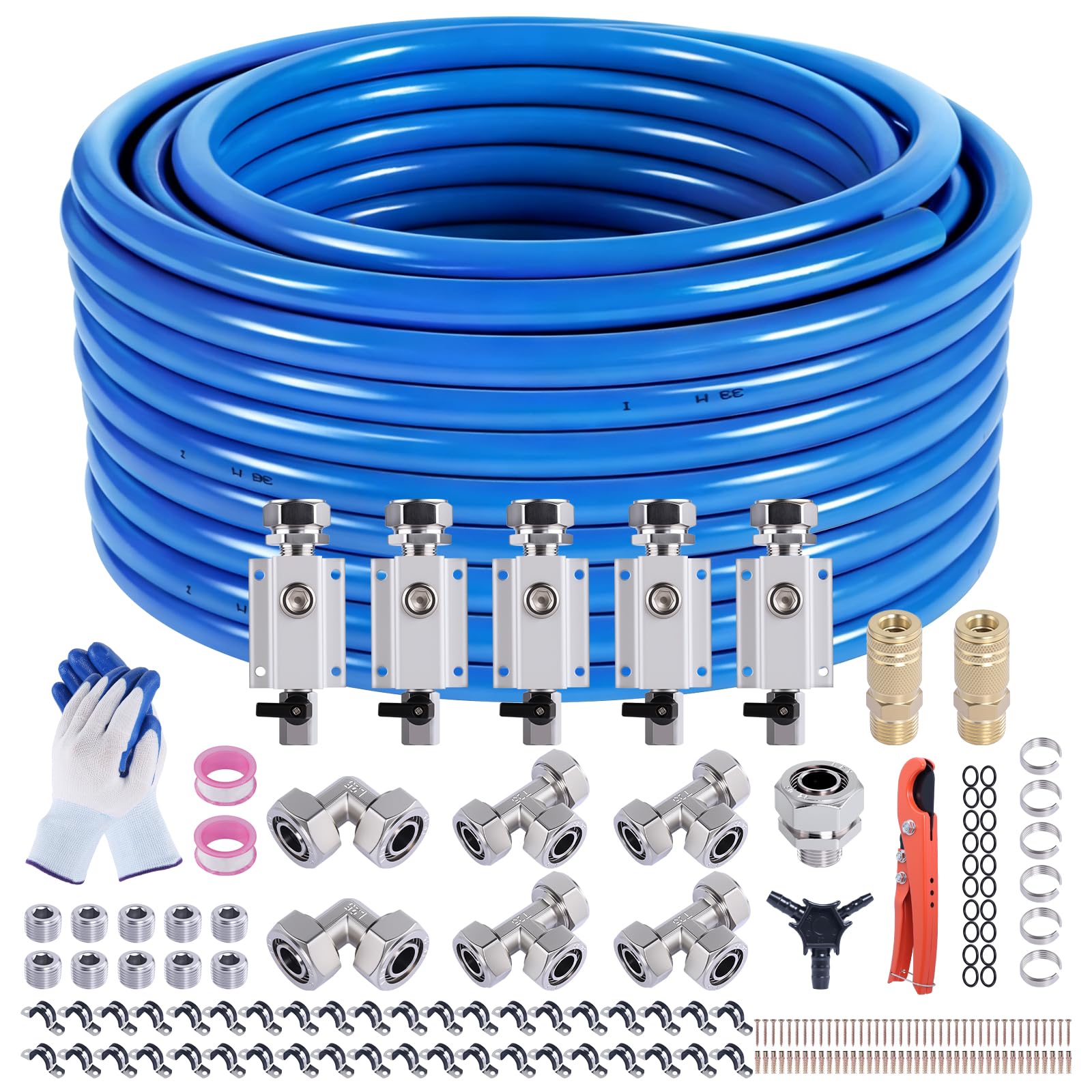 Boeray Shop Air Line Kit 3/4 100FT Compressed Air Piping System HDPE-Aluminum-HDPE Air Tubing with 4-Way Aluminum Blocks Brass V