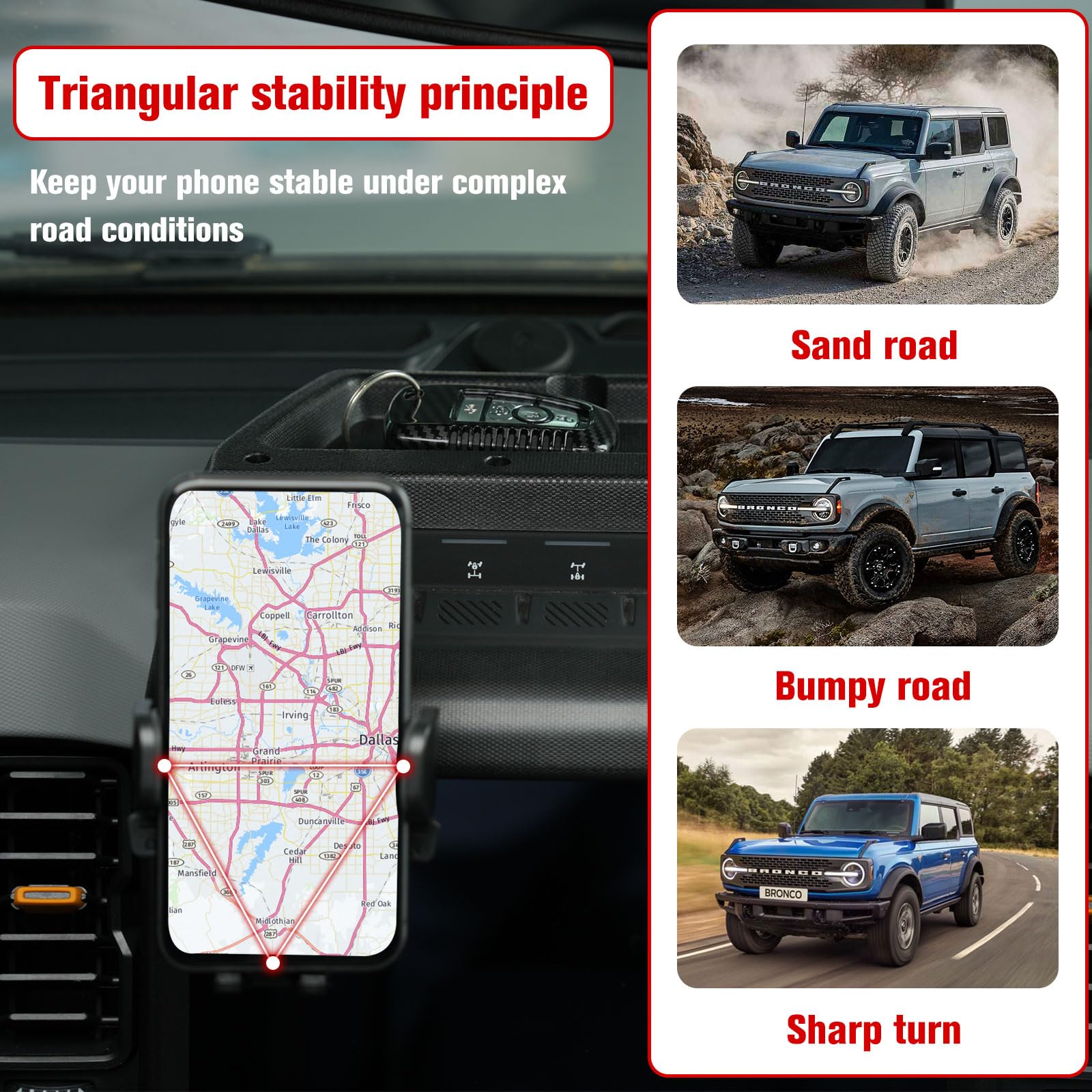 Litmiracle Upgrade Dashboard Mobile Phone Holder For Ford Bronco, Cell Phone Mount With Tray Internal Accessories Automobile Cra