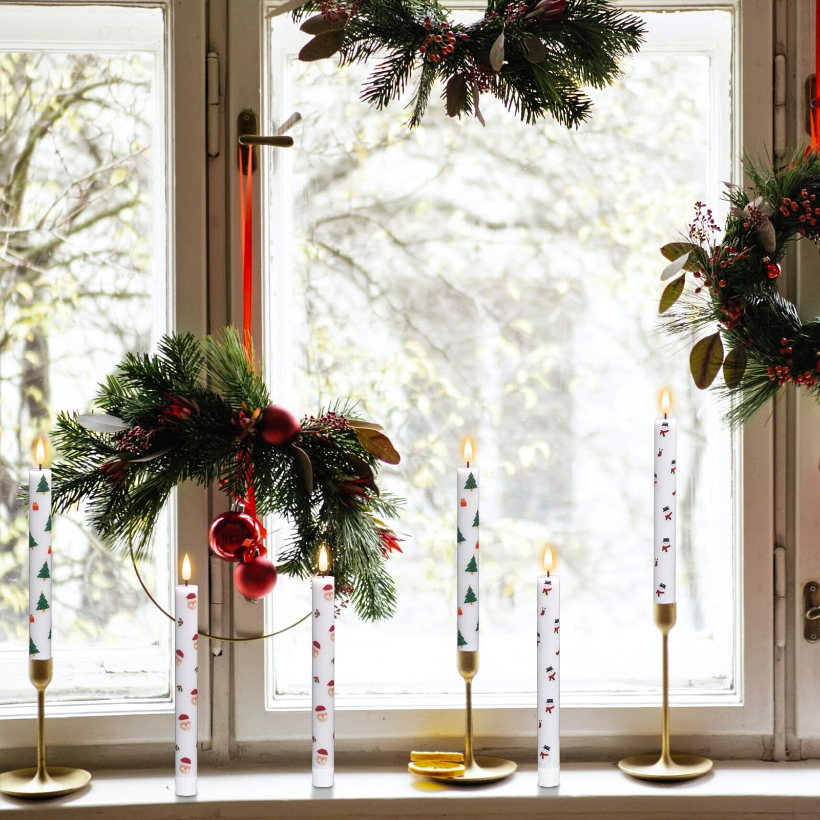 Kunswenn Christmas Flameless Taper Candles With Remote Timer, 6 Pcs Christmas Candlesticks With Christmas Tree Snowmans Santa De